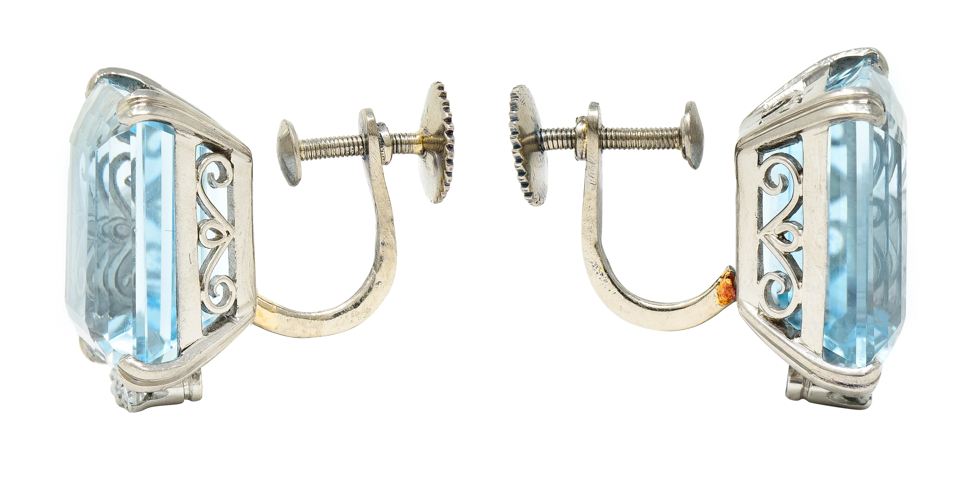 Art Deco 26.32 CTW Aquamarine Diamond 18 Karat White Gold Scroll Screw Back Earrings - Image 2