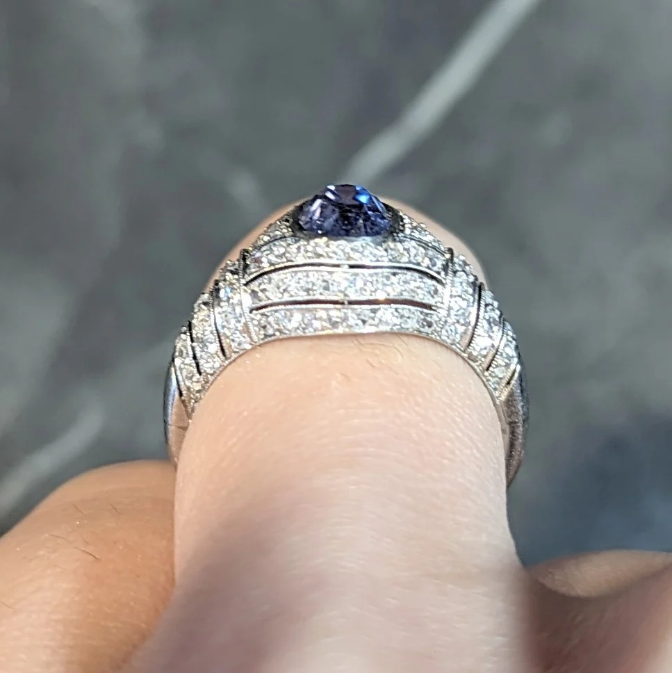 Art Deco 3.00 CTW No Heat Ceylon Blue Sapphire Diamond Platinum Bombé Vintage Ring GIA - Image 14