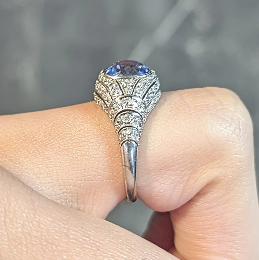 Art Deco 3.00 CTW No Heat Ceylon Blue Sapphire Diamond Platinum Bombé Vintage Ring GIA - Image 15