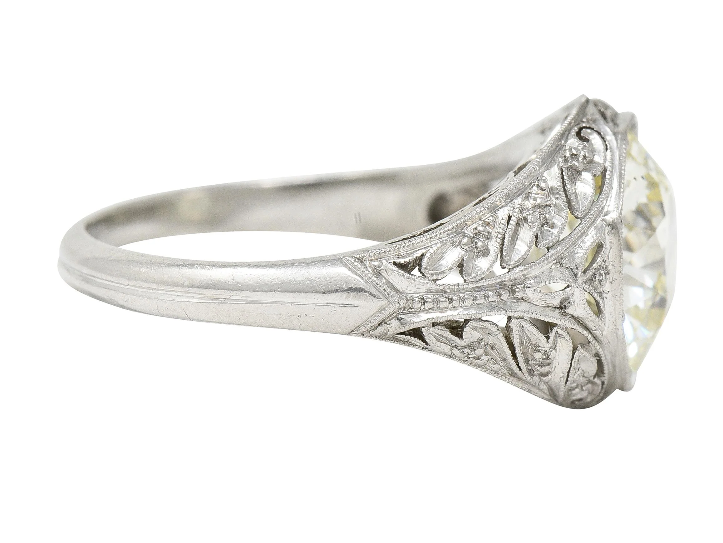 Art Deco 3.03 CTW Old European Cut Diamond Platinum Scrolling Foliate Vintage Engagement Ring GIA - Image 4