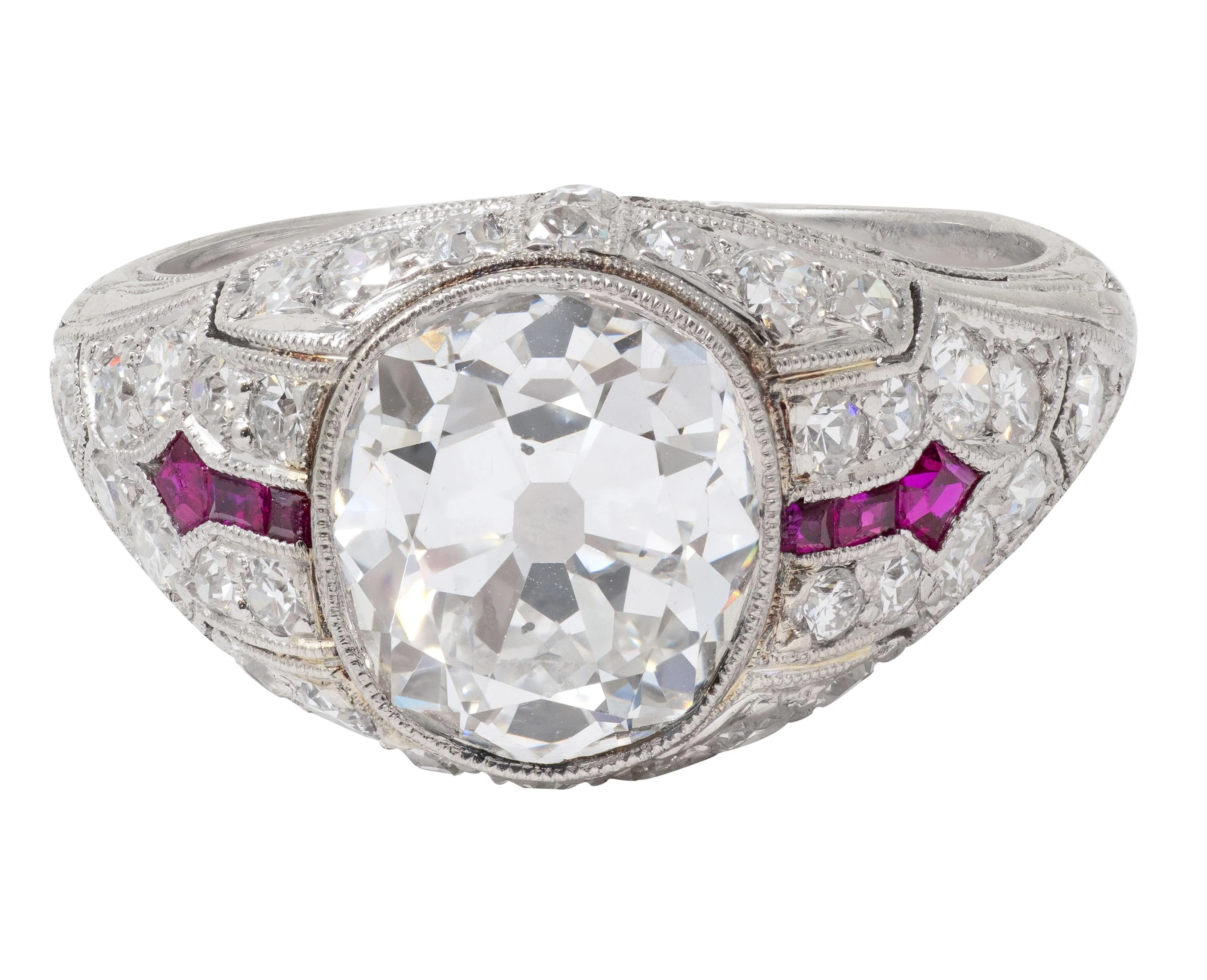 Art Deco 3.16 CTW Old Mine Cut Diamond Ruby Platinum Vintage Arrow Engagement Ring GIA