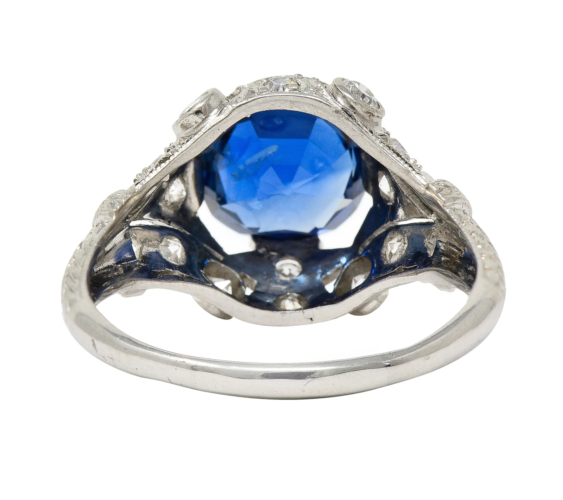 Art Deco 3.21 CTW No Heat Cushion Cut Sapphire Diamond Platinum Fleur-De-Lis Gemstone Ring - Image 4