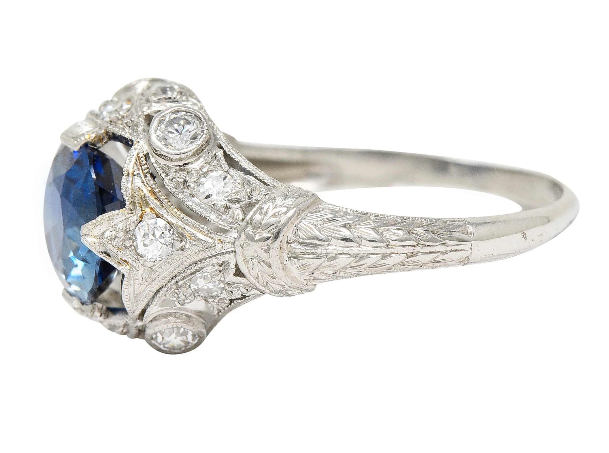 Art Deco 3.21 CTW No Heat Cushion Cut Sapphire Diamond Platinum Fleur-De-Lis Gemstone Ring - Image 5