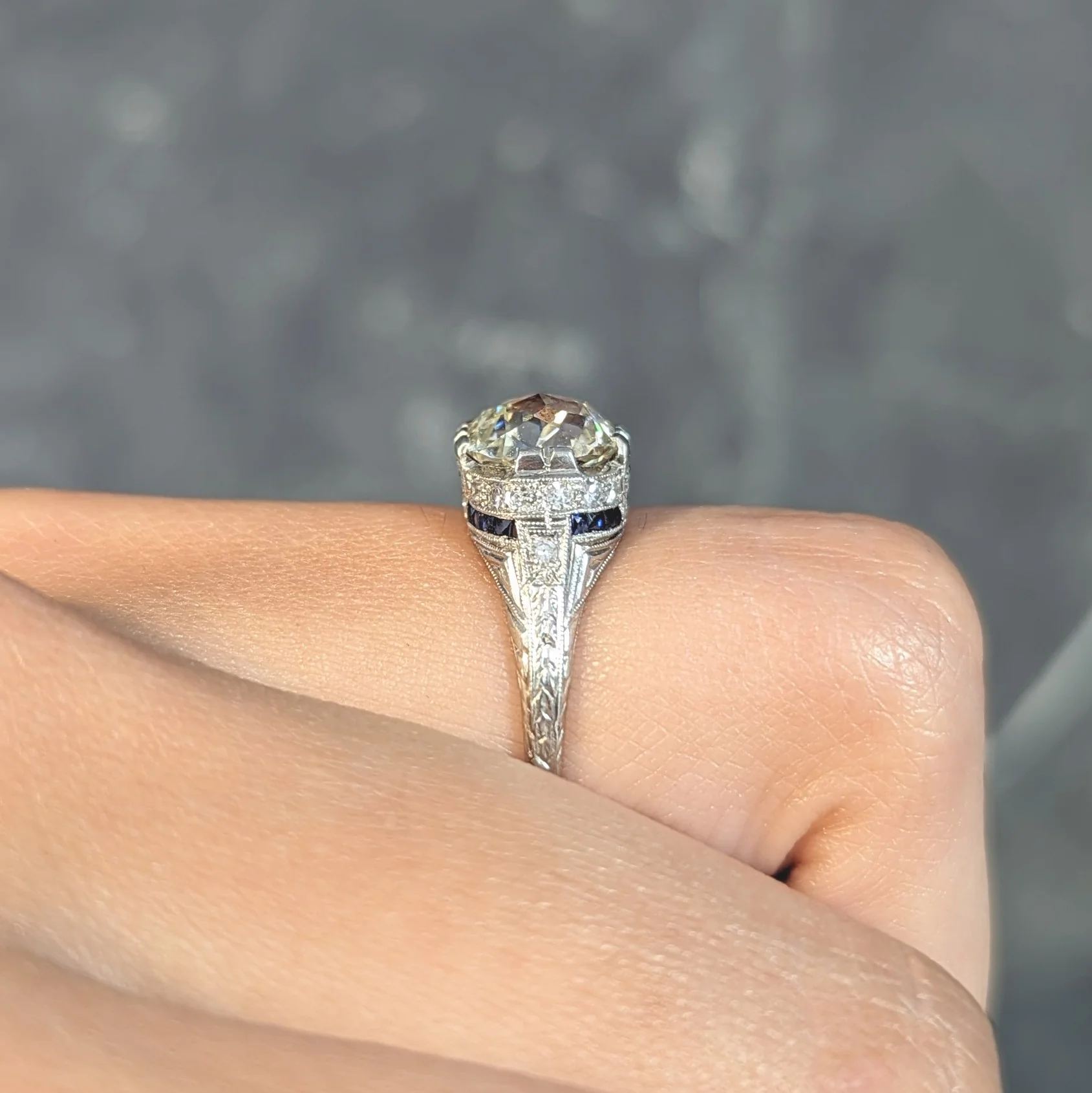 Art Deco 3.29 CTW Jubilee Diamond Sapphire Platinum Vintage Engagement Ring GIA - Image 16
