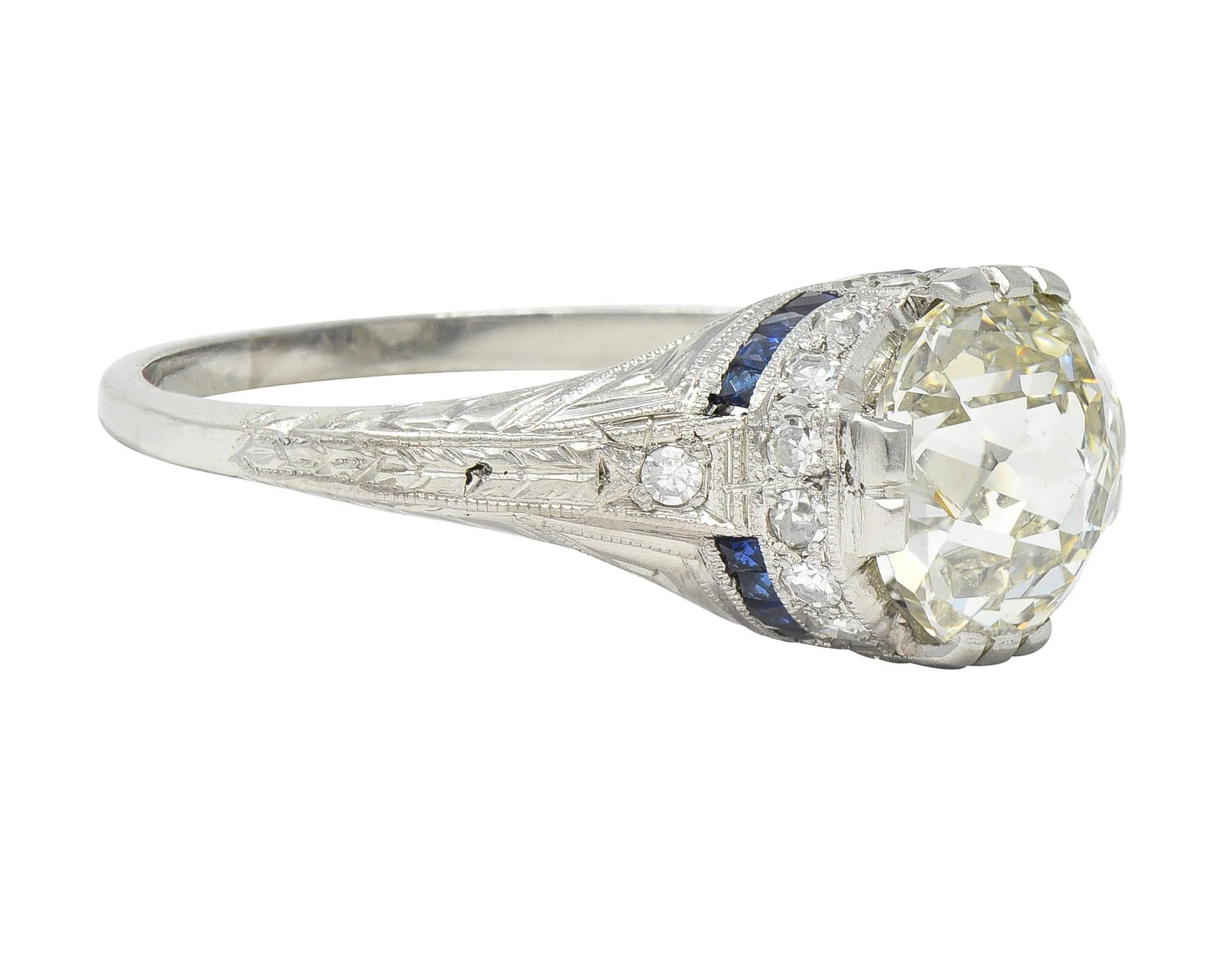 Art Deco 3.29 CTW Jubilee Diamond Sapphire Platinum Vintage Engagement Ring GIA - Image 3