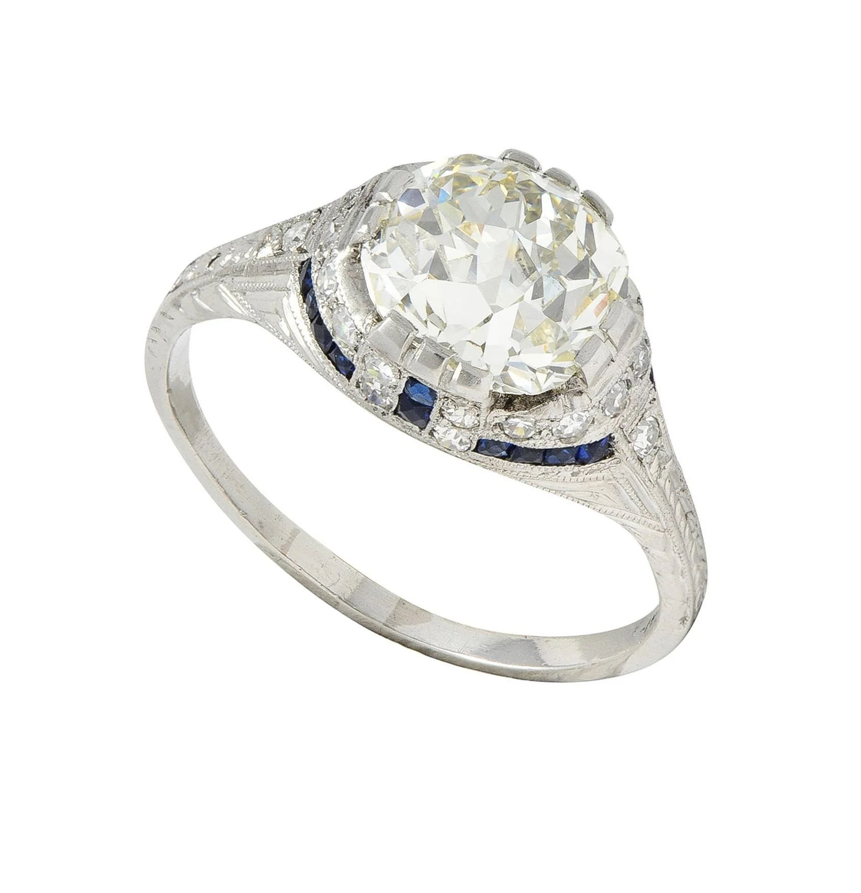 Art Deco 3.29 CTW Jubilee Diamond Sapphire Platinum Vintage Engagement Ring GIA - Image 9