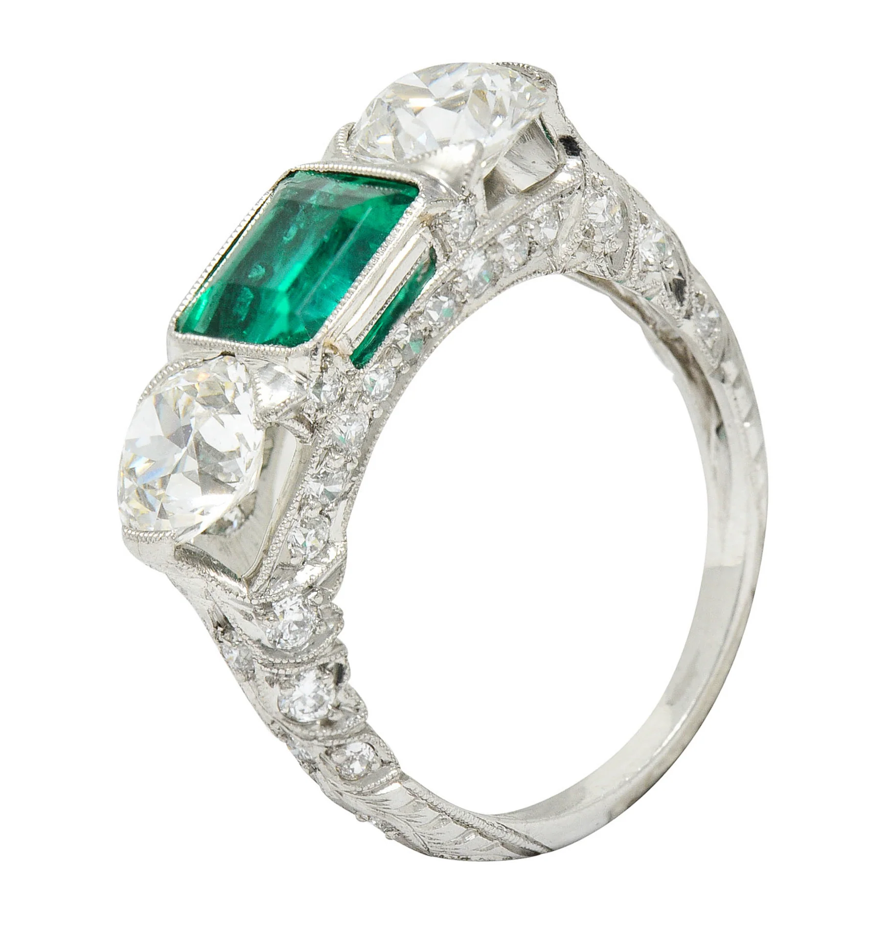 Art Deco 3.30 CTW Diamond Emerald Platinum Three Stone Ring - Image 10