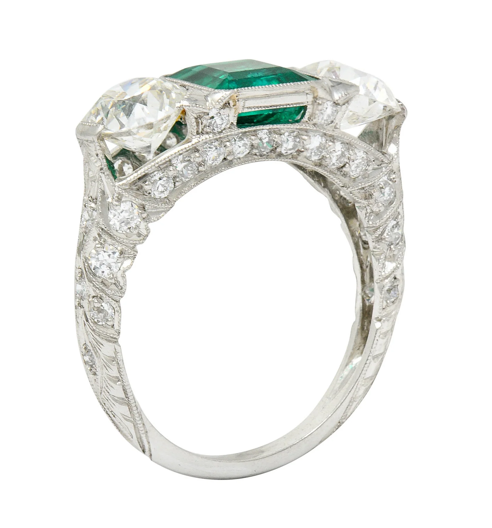 Art Deco 3.30 CTW Diamond Emerald Platinum Three Stone Ring - Image 8