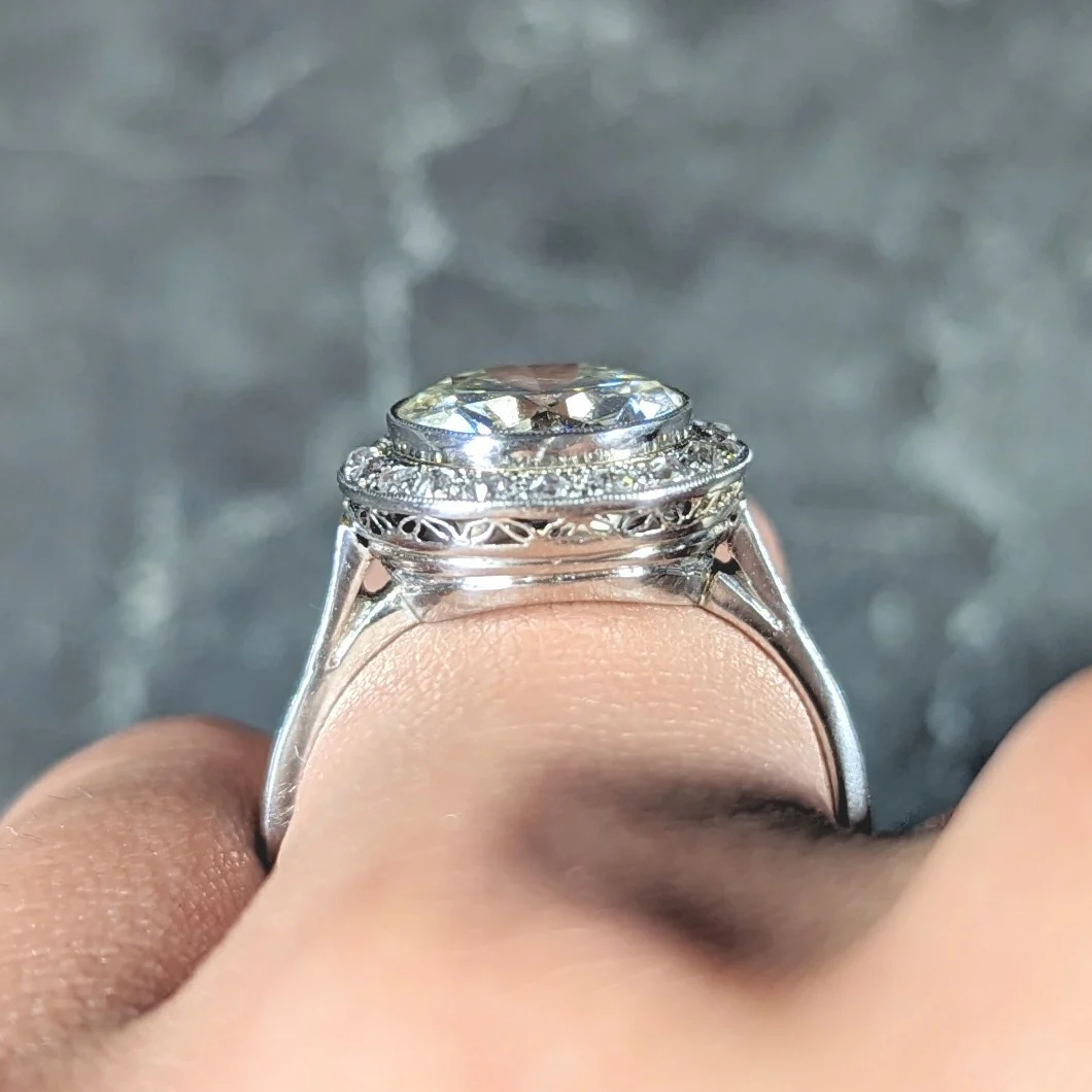 Art Deco 3.55 CTW Old European Cut Diamond Platinum Foliate Halo Engagement Ring GIA - Image 11