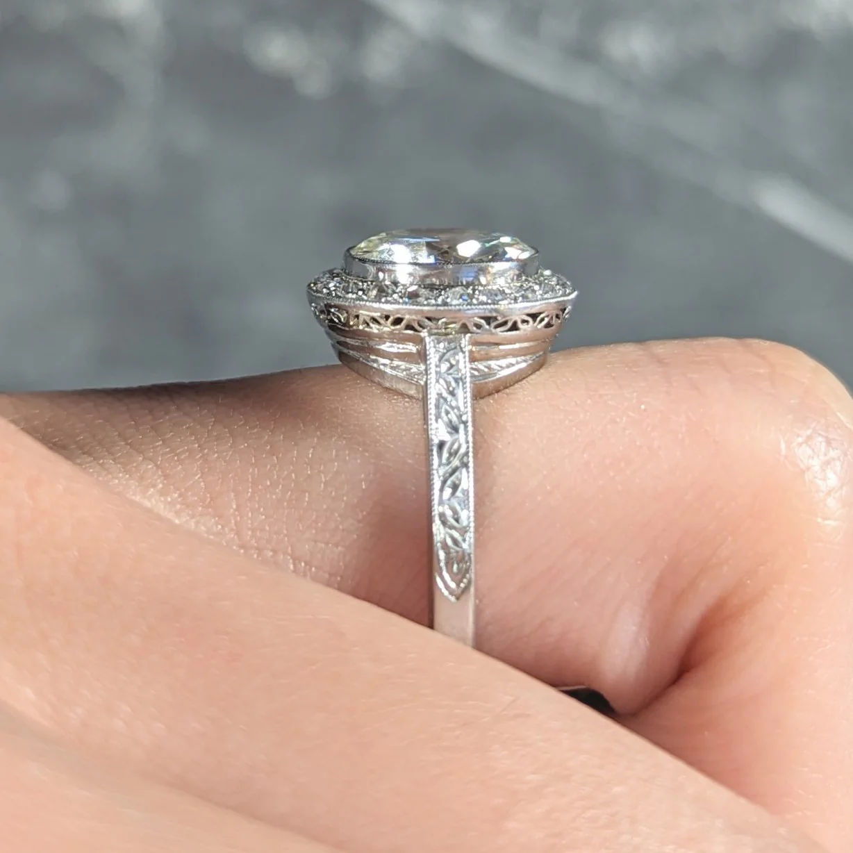 Art Deco 3.55 CTW Old European Cut Diamond Platinum Foliate Halo Engagement Ring GIA - Image 12