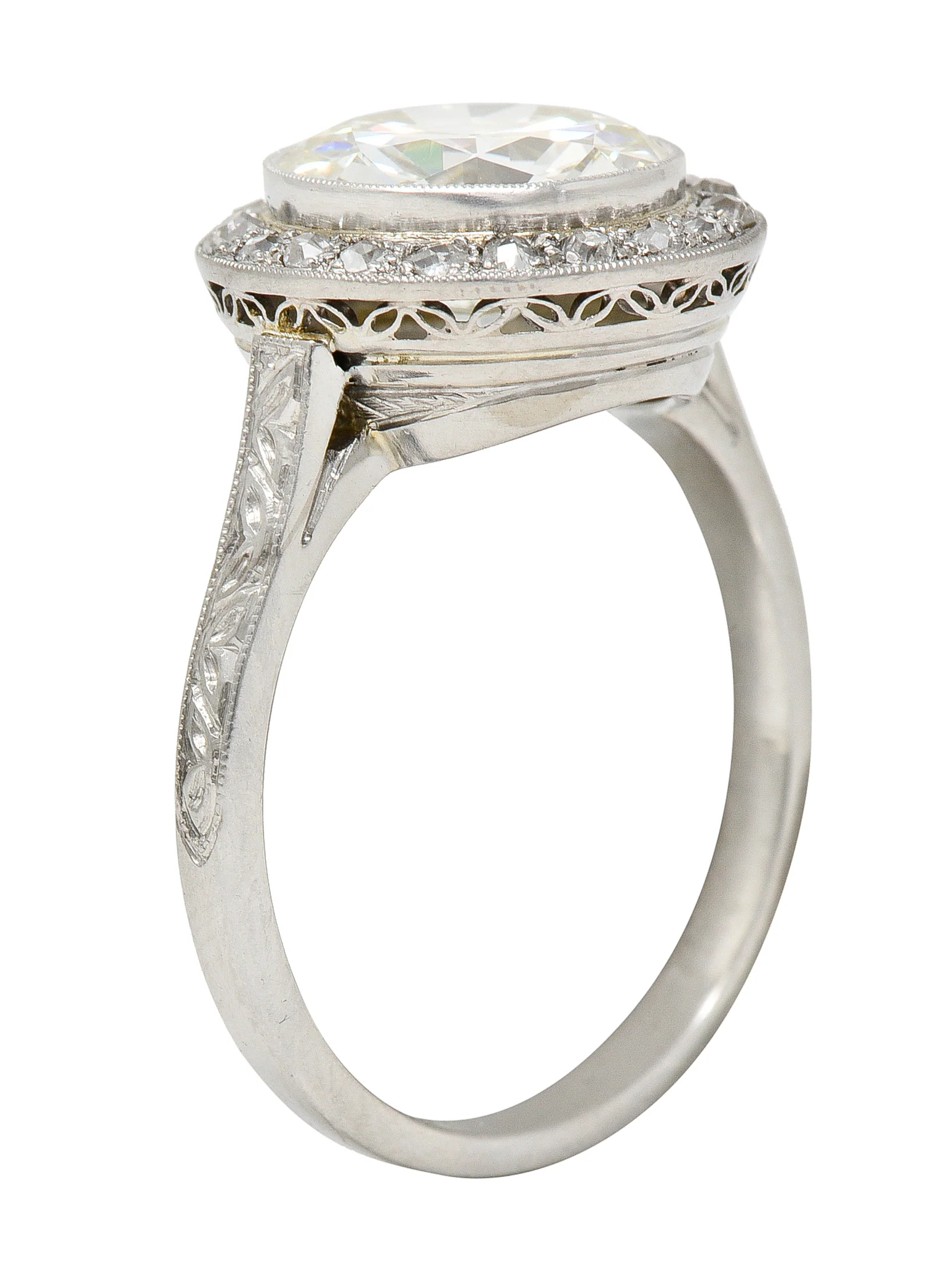 Art Deco 3.55 CTW Old European Cut Diamond Platinum Foliate Halo Engagement Ring GIA - Image 2