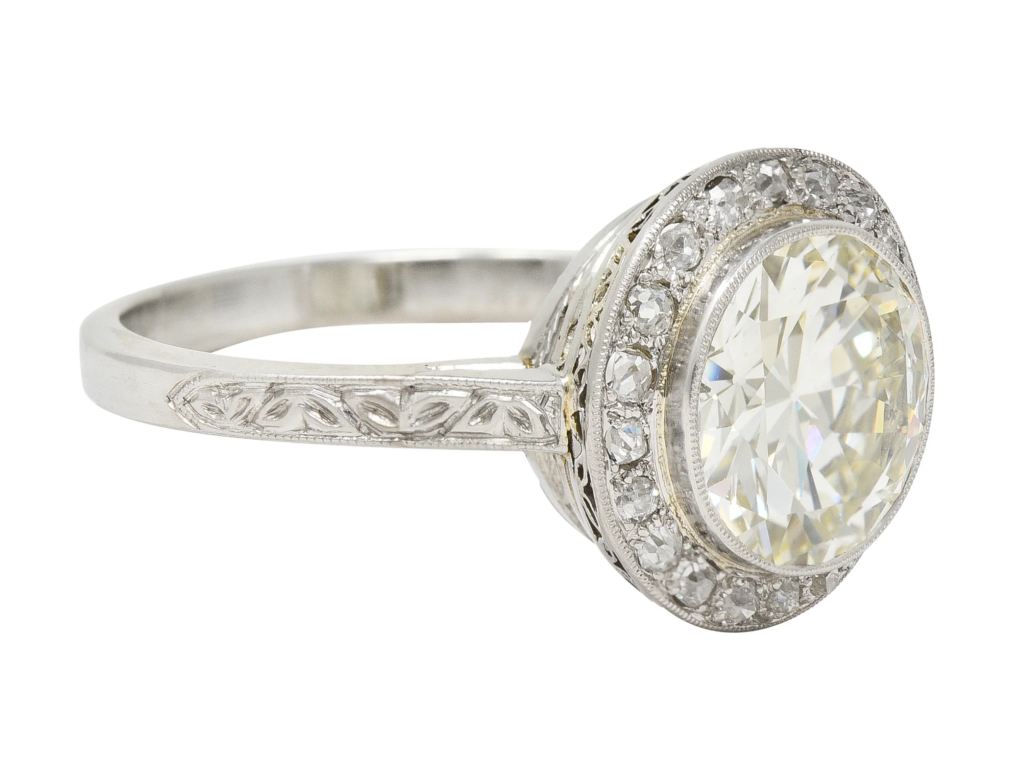 Art Deco 3.55 CTW Old European Cut Diamond Platinum Foliate Halo Engagement Ring GIA - Image 3