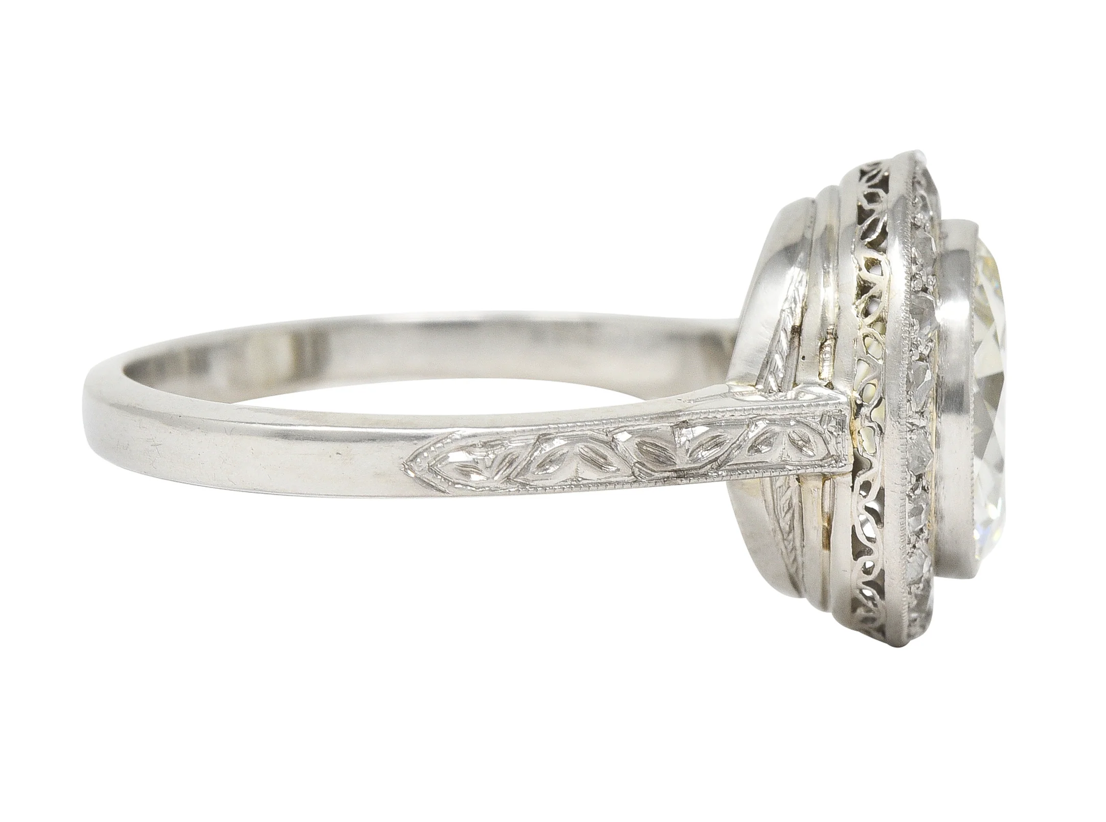 Art Deco 3.55 CTW Old European Cut Diamond Platinum Foliate Halo Engagement Ring GIA - Image 4