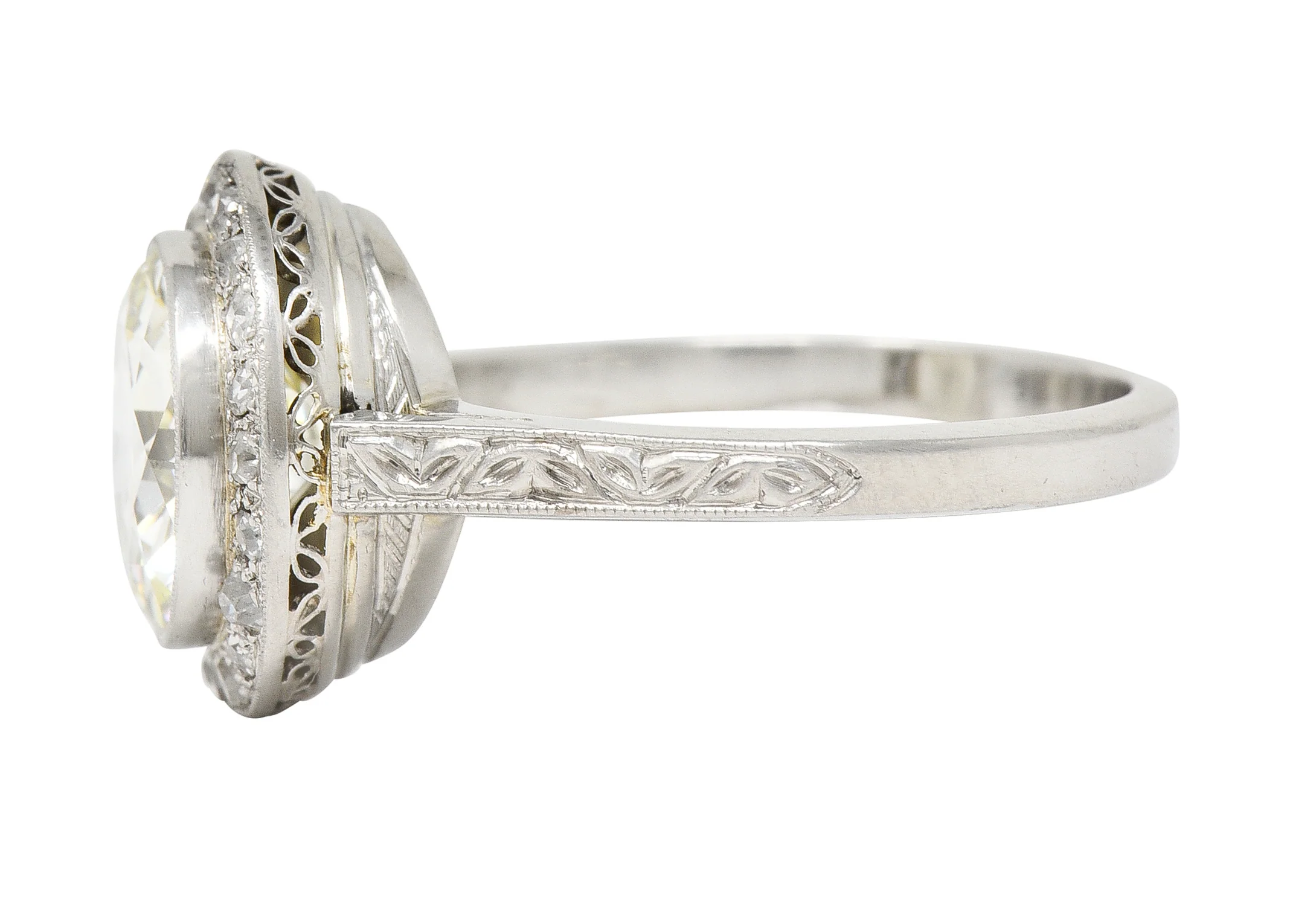 Art Deco 3.55 CTW Old European Cut Diamond Platinum Foliate Halo Engagement Ring GIA - Image 6