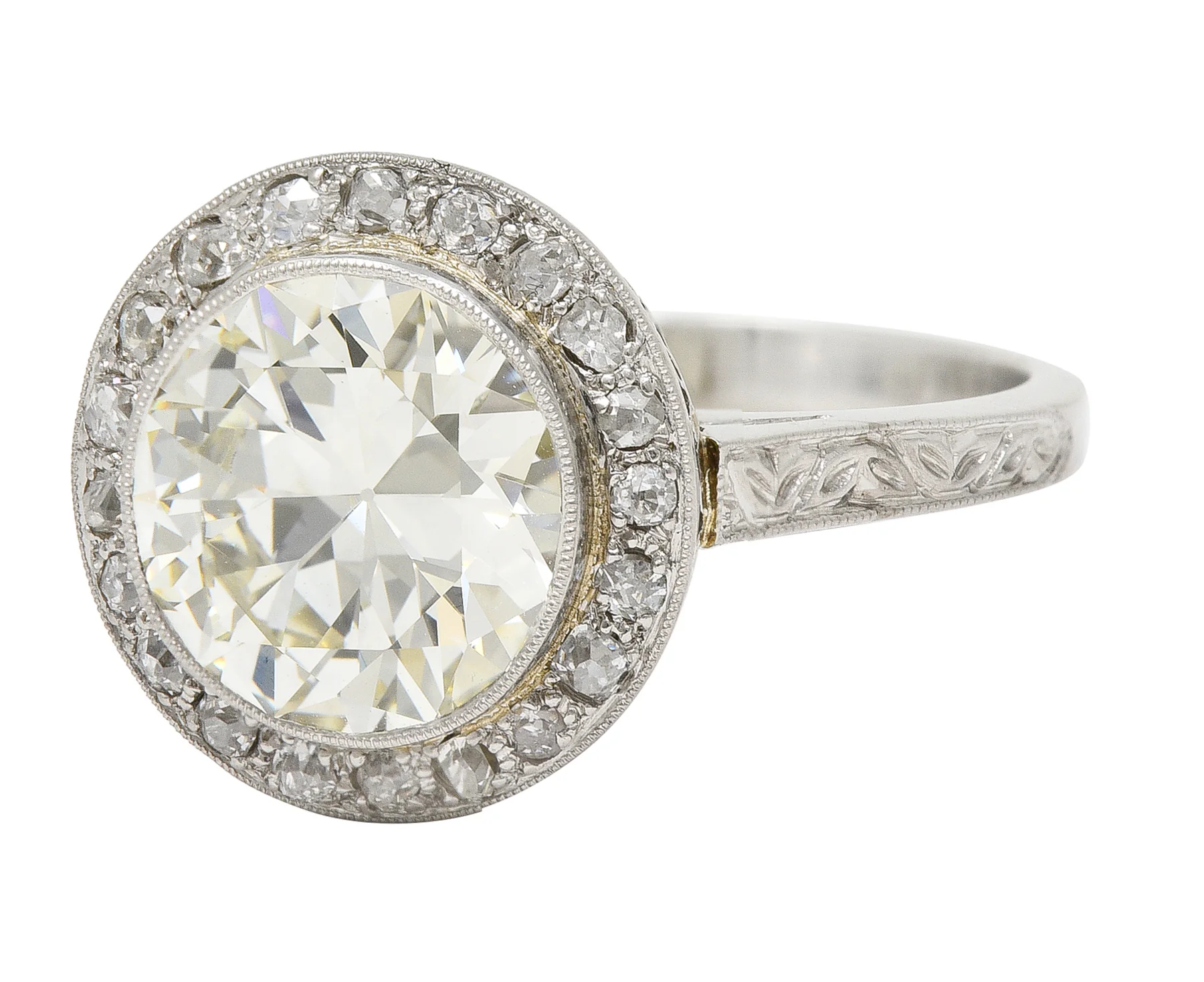 Art Deco 3.55 CTW Old European Cut Diamond Platinum Foliate Halo Engagement Ring GIA - Image 7