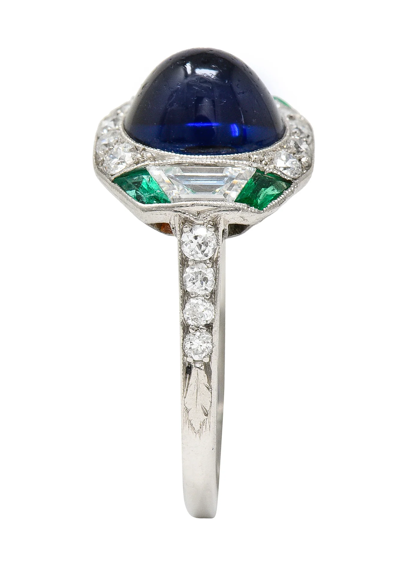 Art Deco 3.60 CTW No Heat Cambodian Sapphire Cabochon Emerald Diamond Geometric Foliate Dinner Ring GIA - Image 10