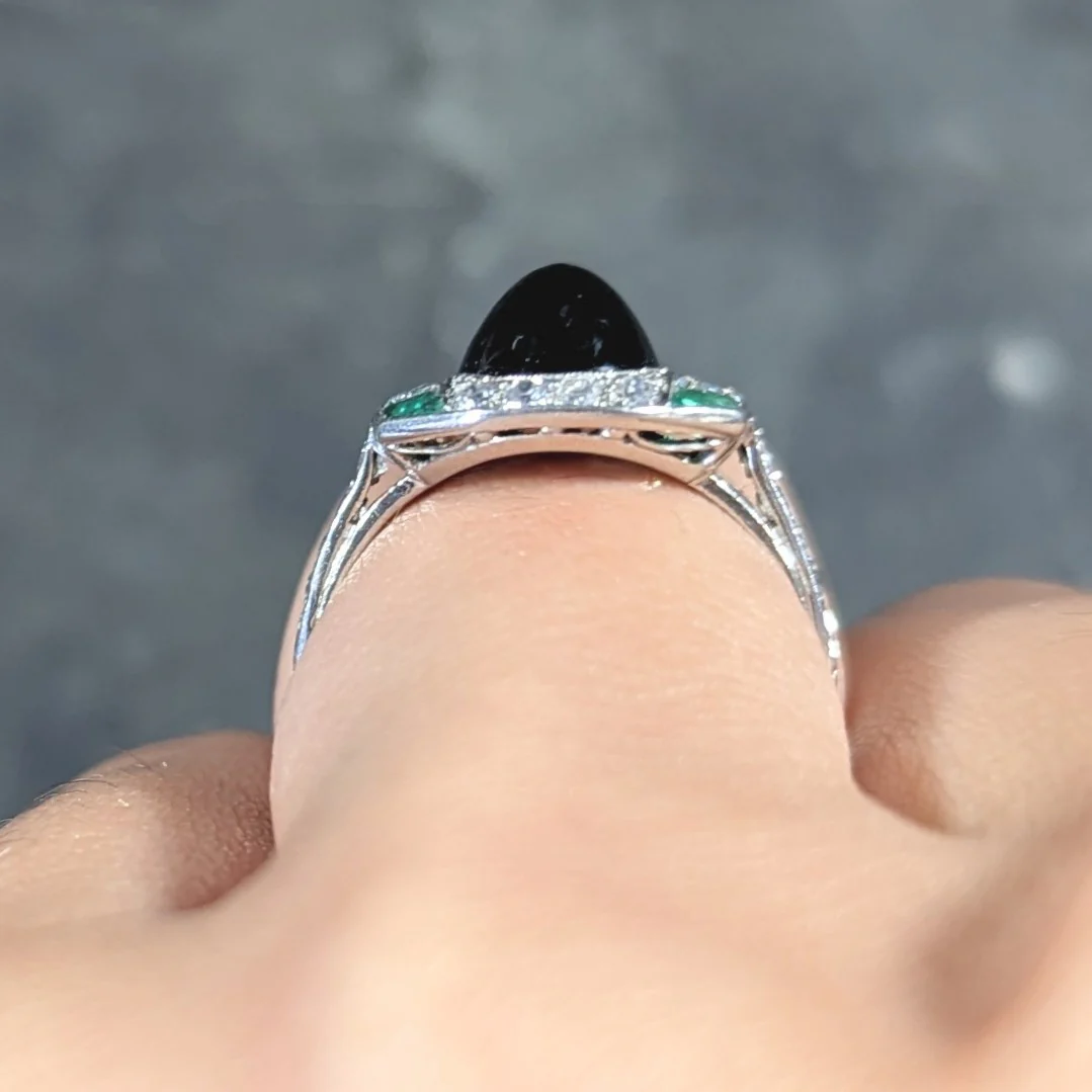 Art Deco 3.60 CTW No Heat Cambodian Sapphire Cabochon Emerald Diamond Geometric Foliate Dinner Ring GIA - Image 14