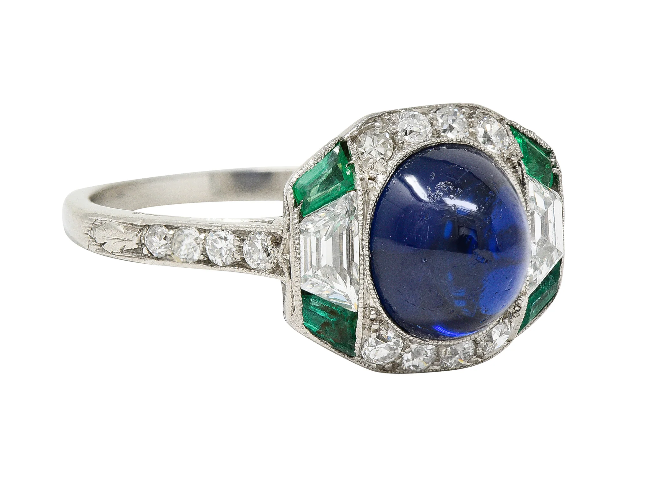 Art Deco 3.60 CTW No Heat Cambodian Sapphire Cabochon Emerald Diamond Geometric Foliate Dinner Ring GIA - Image 3