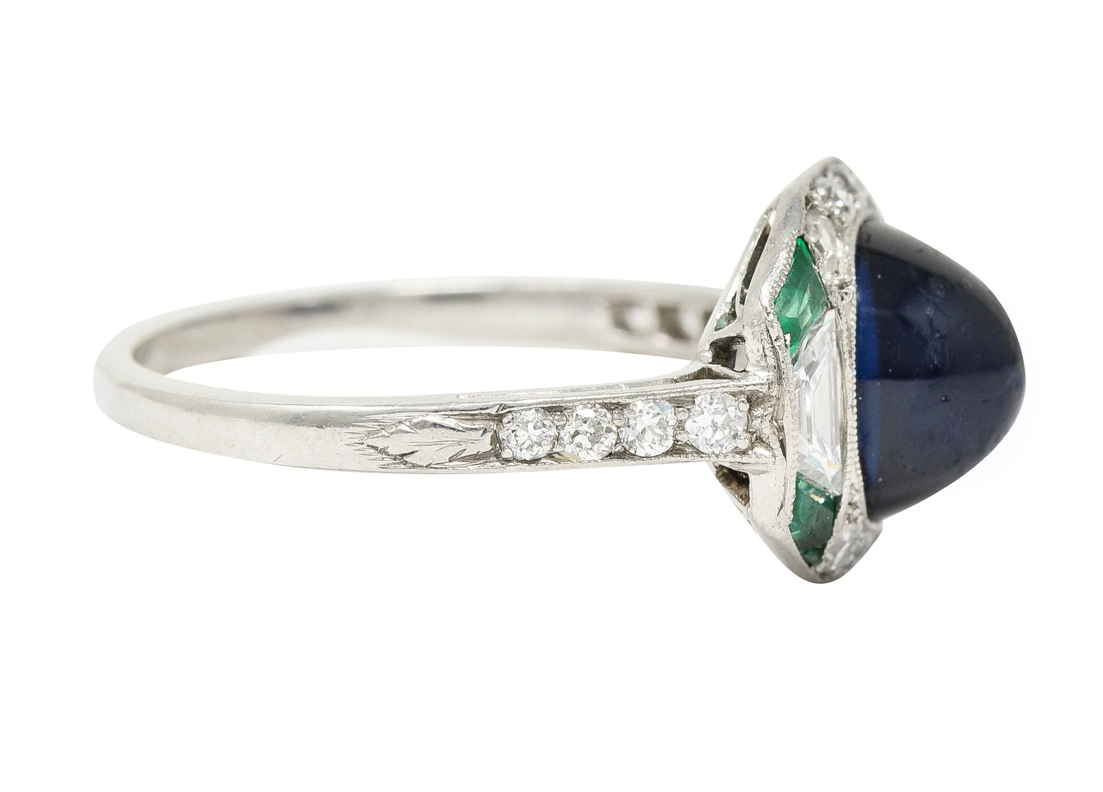 Art Deco 3.60 CTW No Heat Cambodian Sapphire Cabochon Emerald Diamond Geometric Foliate Dinner Ring GIA - Image 4
