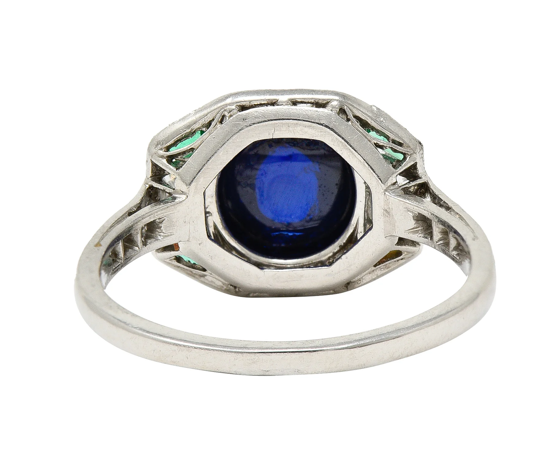 Art Deco 3.60 CTW No Heat Cambodian Sapphire Cabochon Emerald Diamond Geometric Foliate Dinner Ring GIA - Image 5