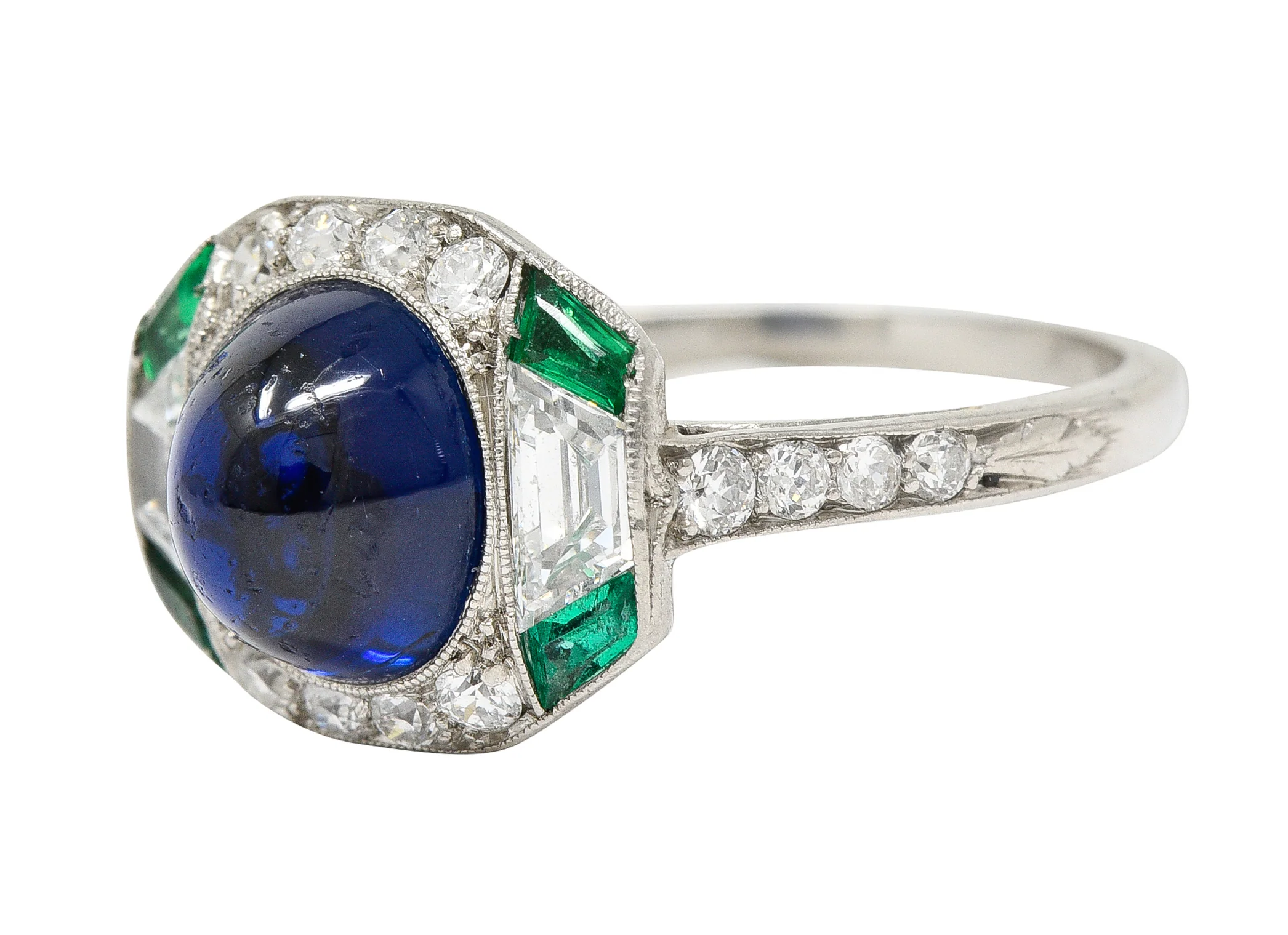 Art Deco 3.60 CTW No Heat Cambodian Sapphire Cabochon Emerald Diamond Geometric Foliate Dinner Ring GIA - Image 7