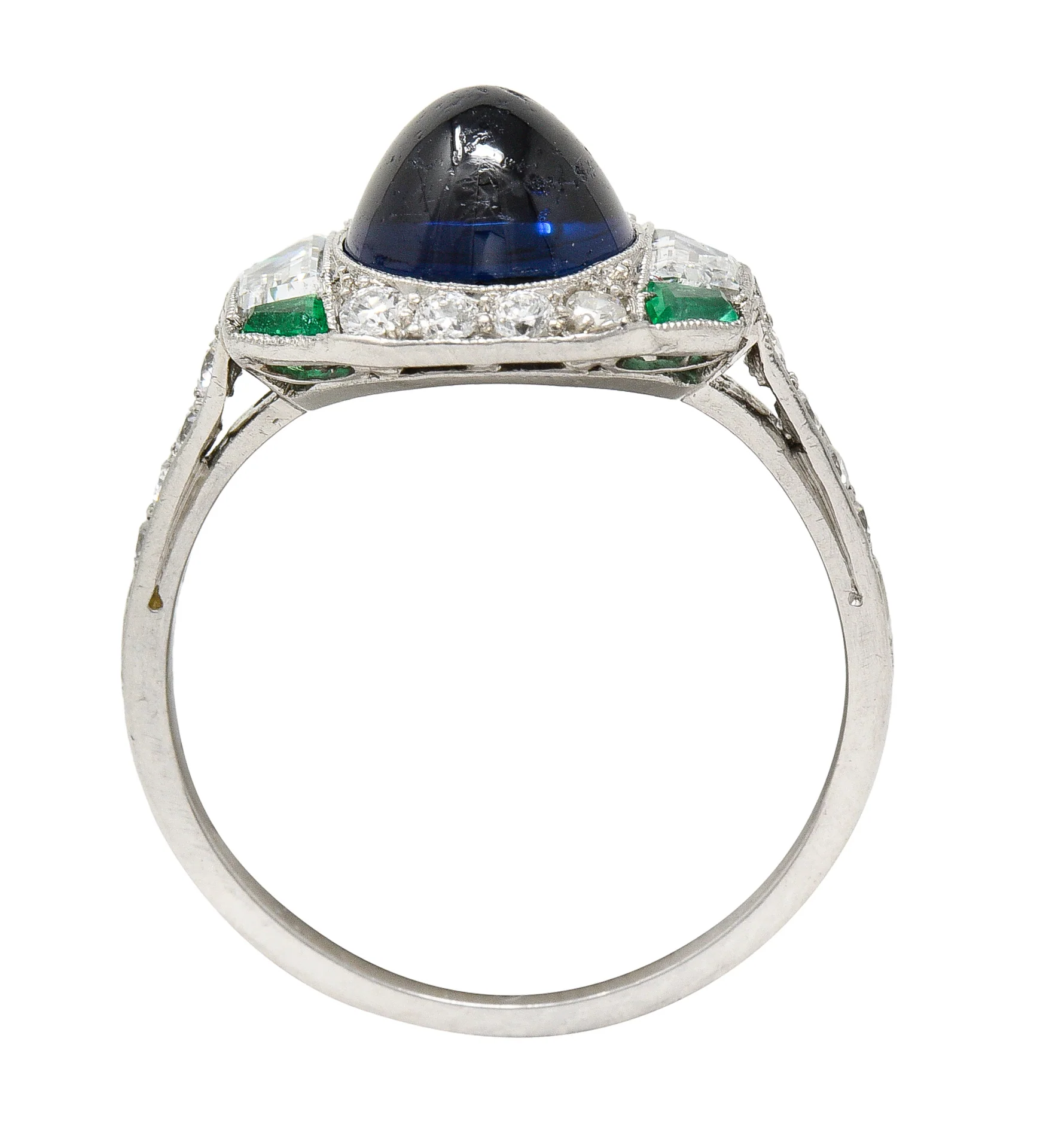 Art Deco 3.60 CTW No Heat Cambodian Sapphire Cabochon Emerald Diamond Geometric Foliate Dinner Ring GIA - Image 9