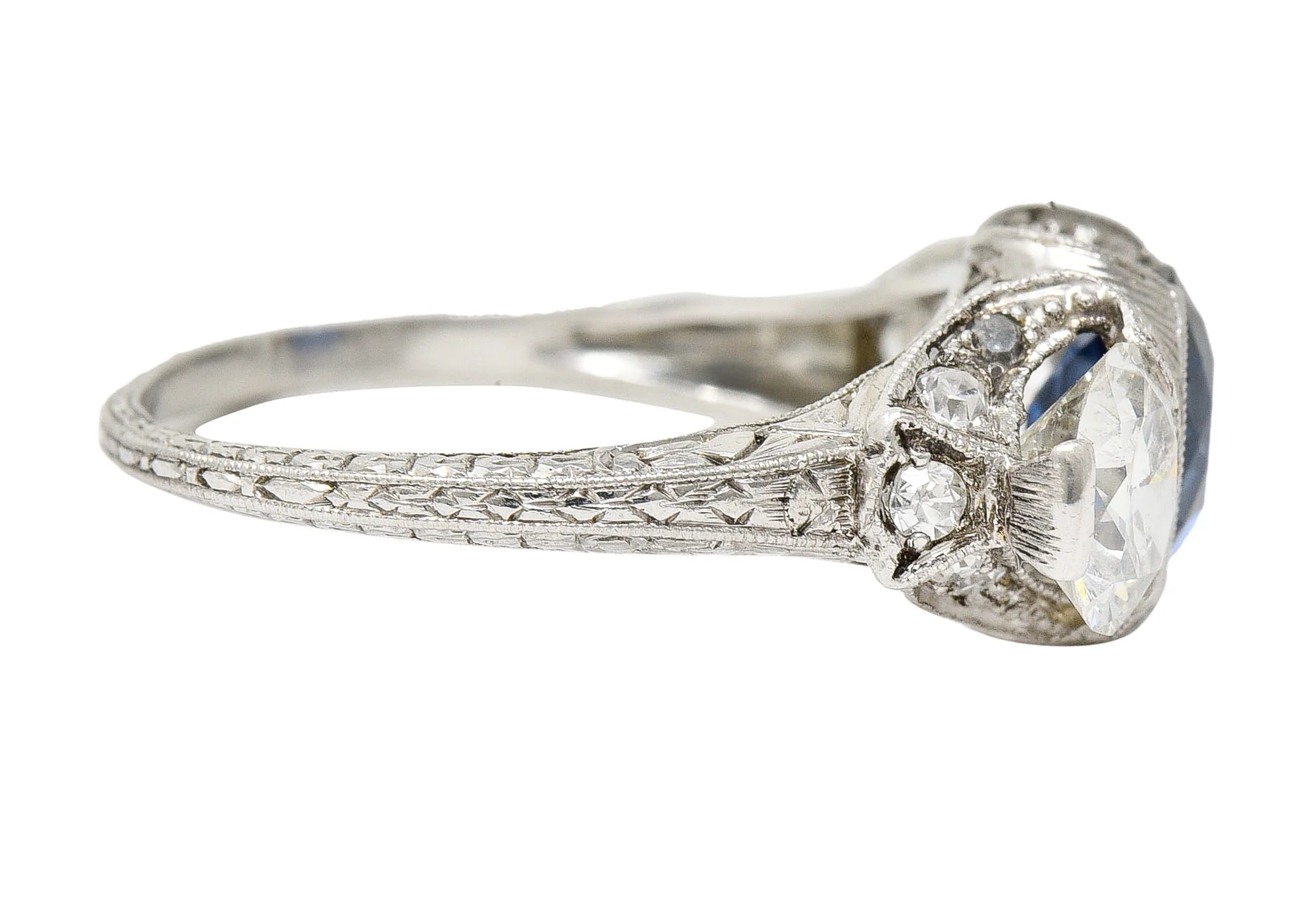 Art Deco 3.78 CTW No Heat Cambodian Sapphire Old European Cut Diamond Platinum Foliate Festoon Three Stone Ring GIA - Image 4
