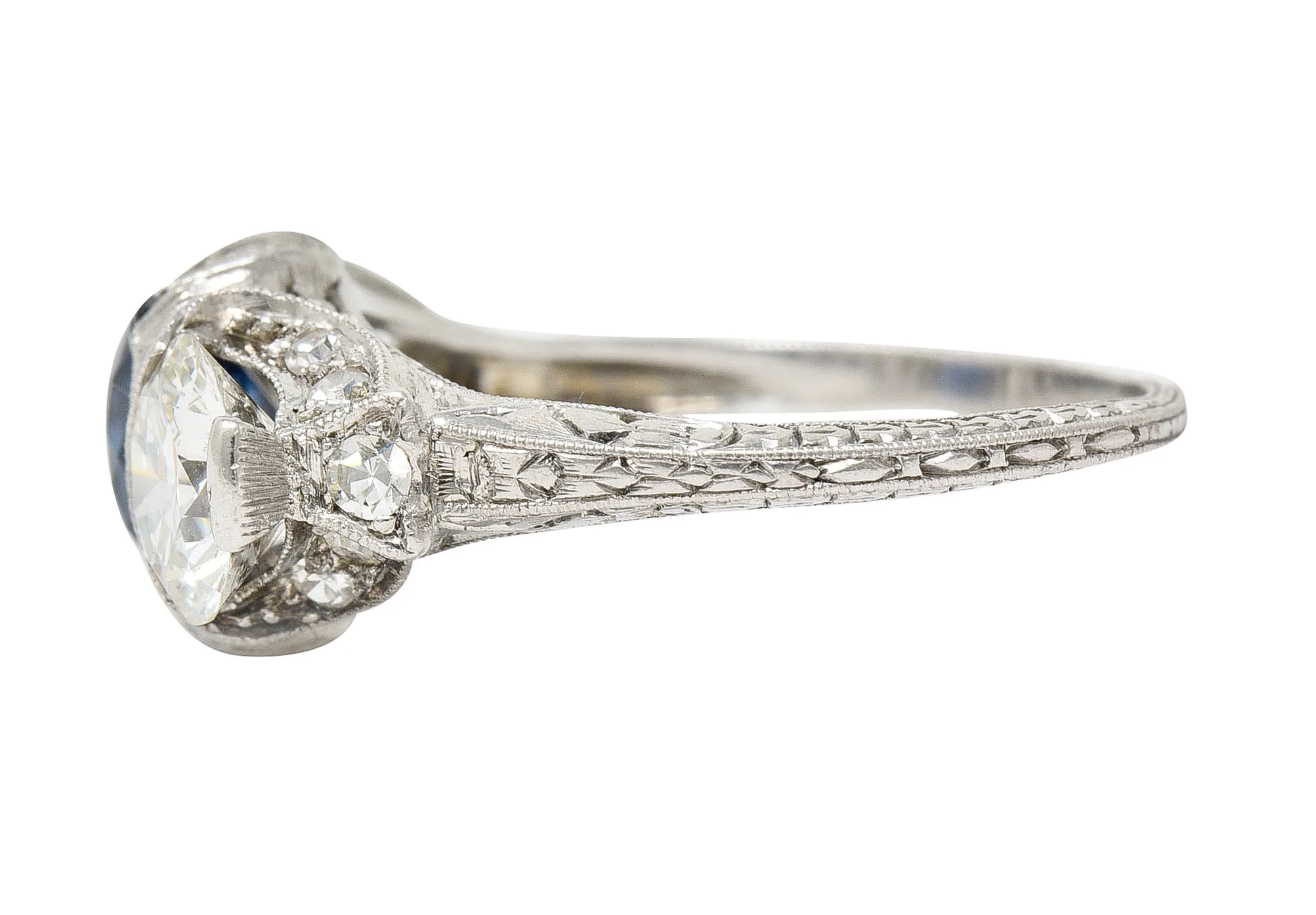 Art Deco 3.78 CTW No Heat Cambodian Sapphire Old European Cut Diamond Platinum Foliate Festoon Three Stone Ring GIA - Image 6