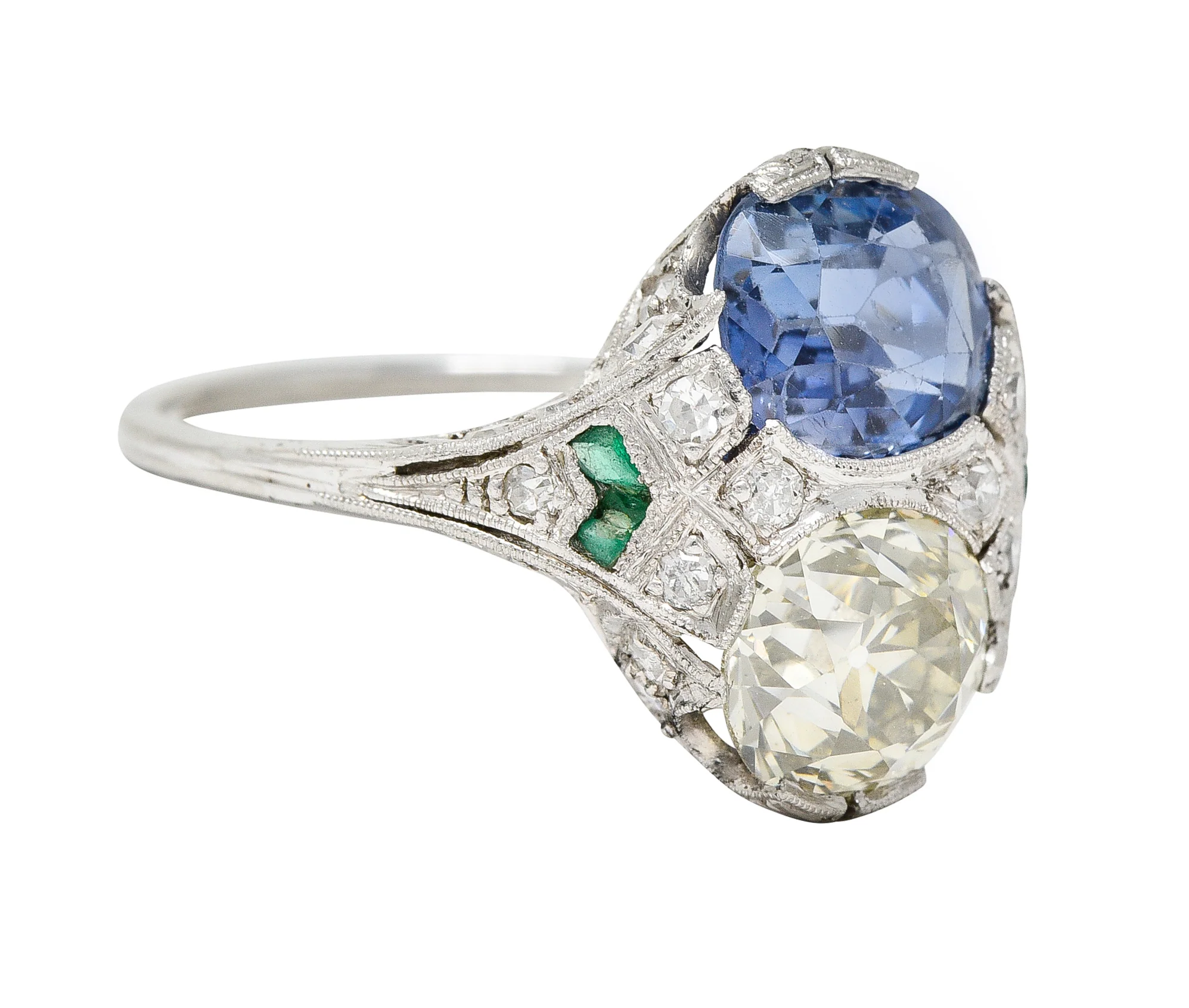 Art Deco 3.87 CTW Old European Cut Diamond Sapphire Emerald Platinum Toi-Et-Moi Vintage Alternative Dinner Ring GIA - Image 2