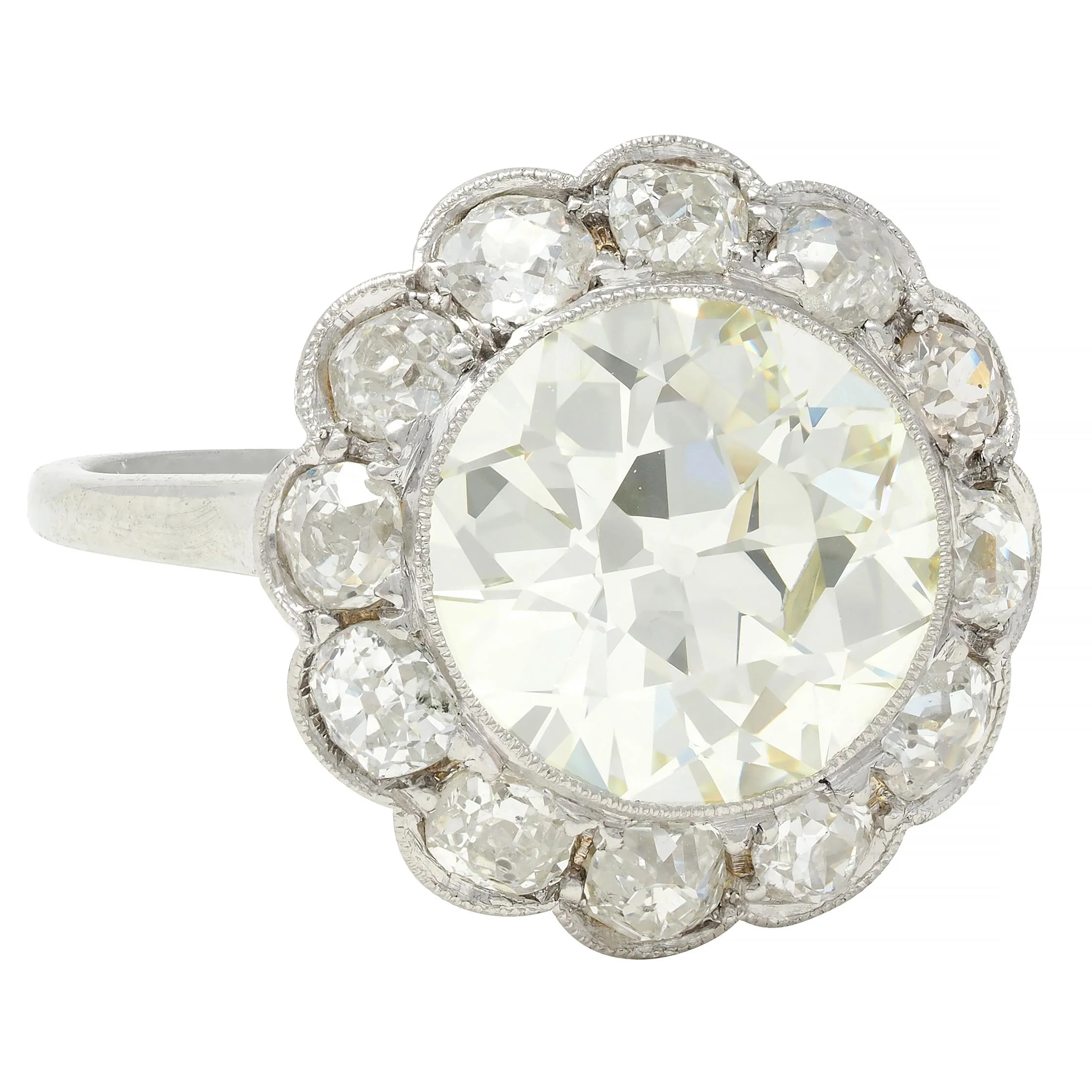 Art Deco 3.99 CTW Old European Cut Diamond 18 Karat White Gold Vintage Halo Alternative Engagement Ring GIA - Image 2