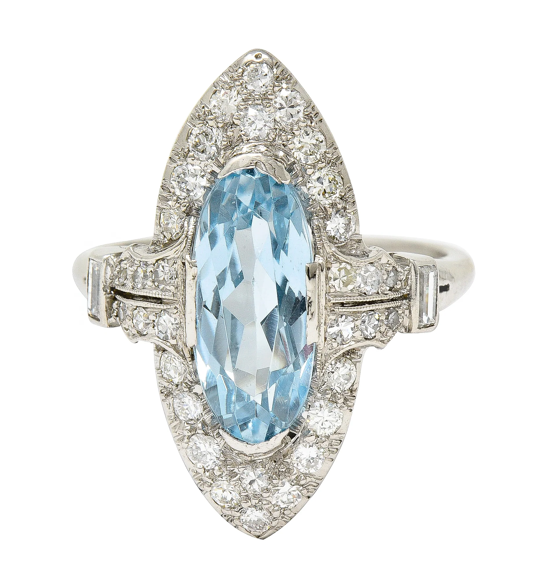 Art Deco 4.10 CTW Aquamarine Diamond Platinum Navette Cluster Dinner Ring
