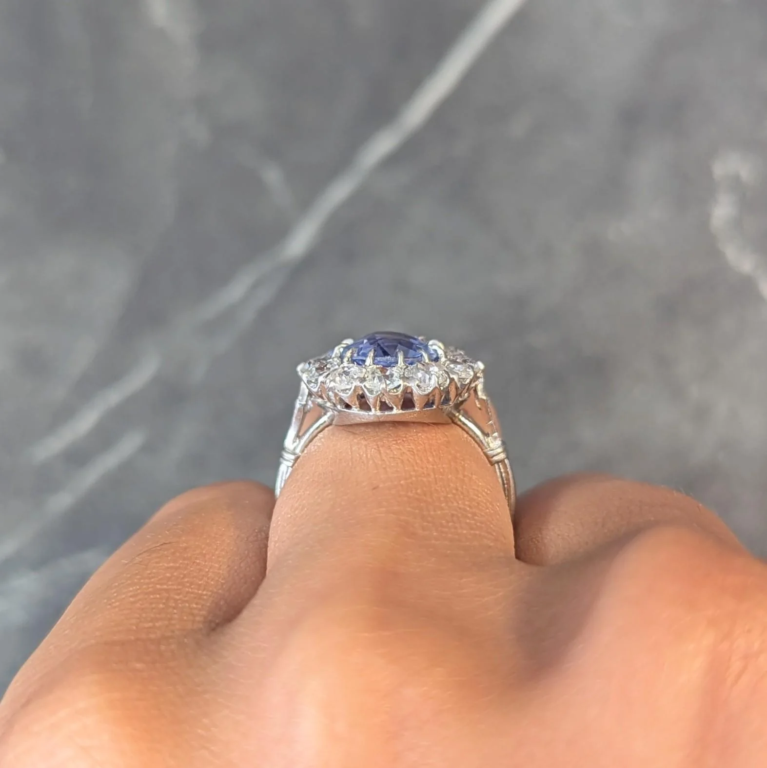 Art Deco 4.14 CTW No Heat Ceylon Sapphire Diamond Platinum Vintage Pear Halo Ring GIA - Image 11