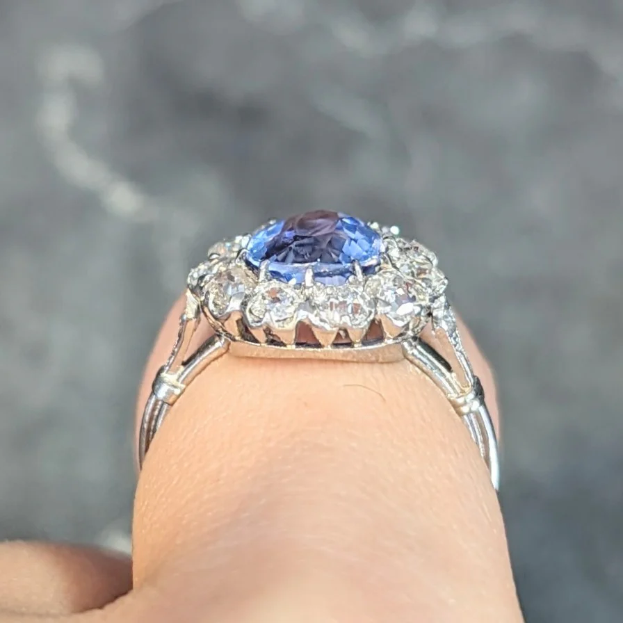 Art Deco 4.14 CTW No Heat Ceylon Sapphire Diamond Platinum Vintage Pear Halo Ring GIA - Image 12