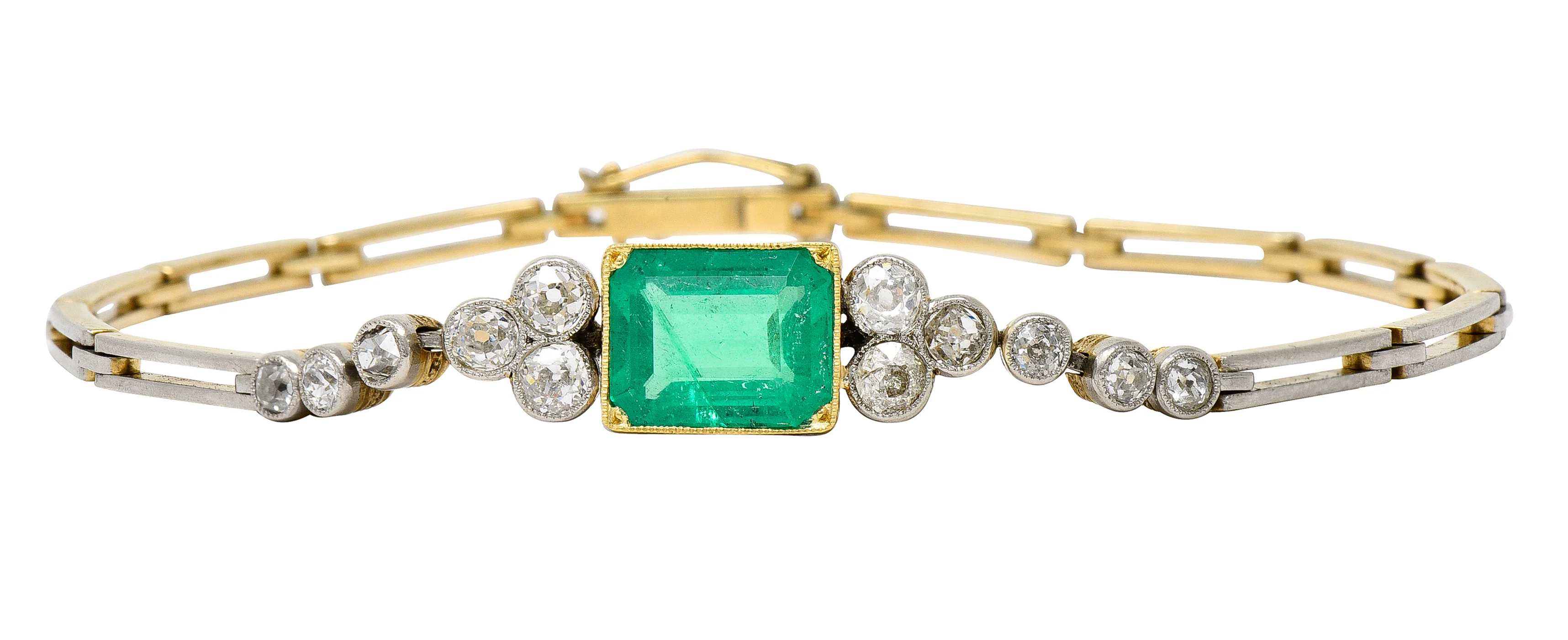 Art Deco 4.22 CTW Emerald Diamond Platinum-Topped 18 Karat Yellow Gold Vintage Link Bracelet - Image 2