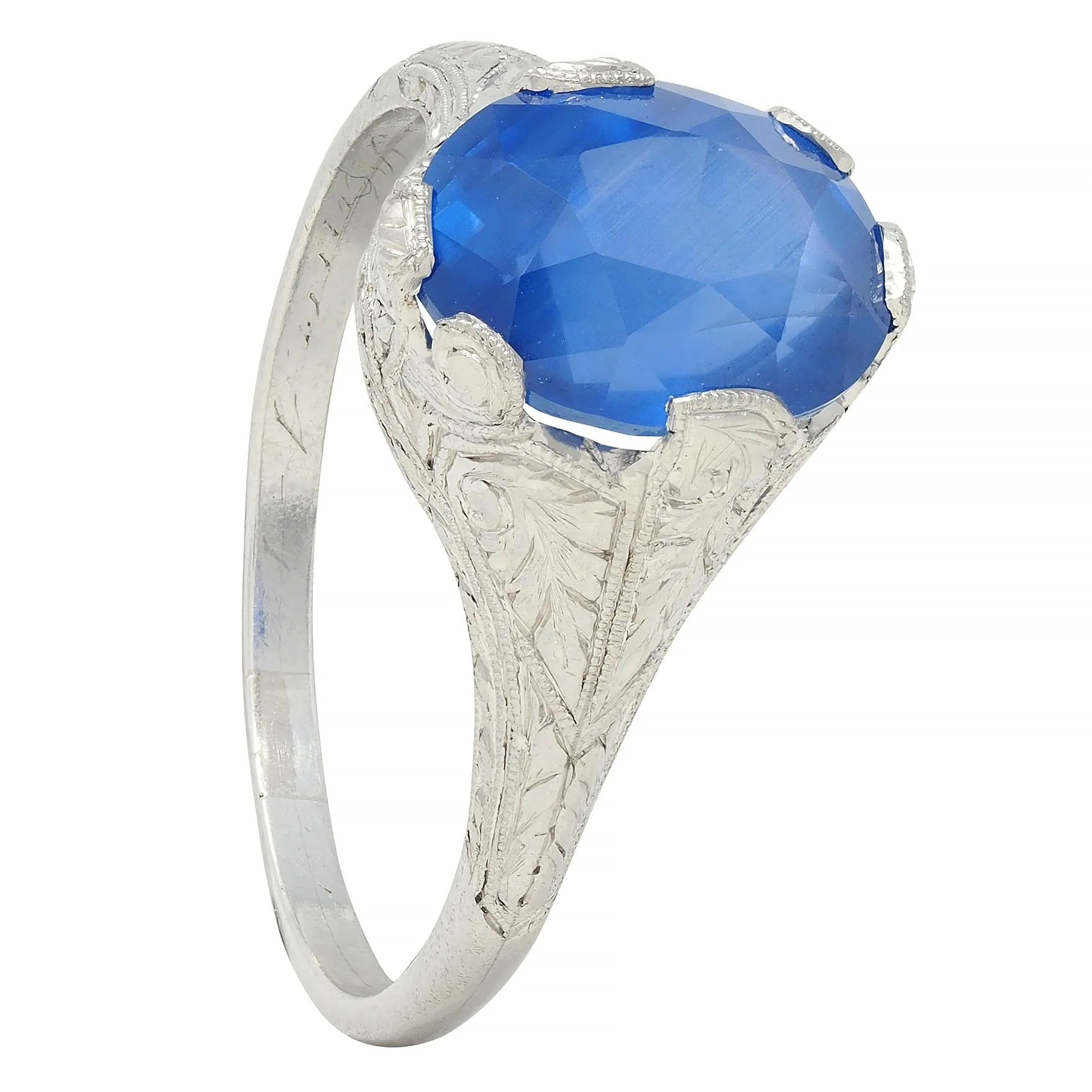Art Deco 4.43 CTW No Heat Ceylon Sapphire Platinum Foliate Vintage Ring GIA - Image 10