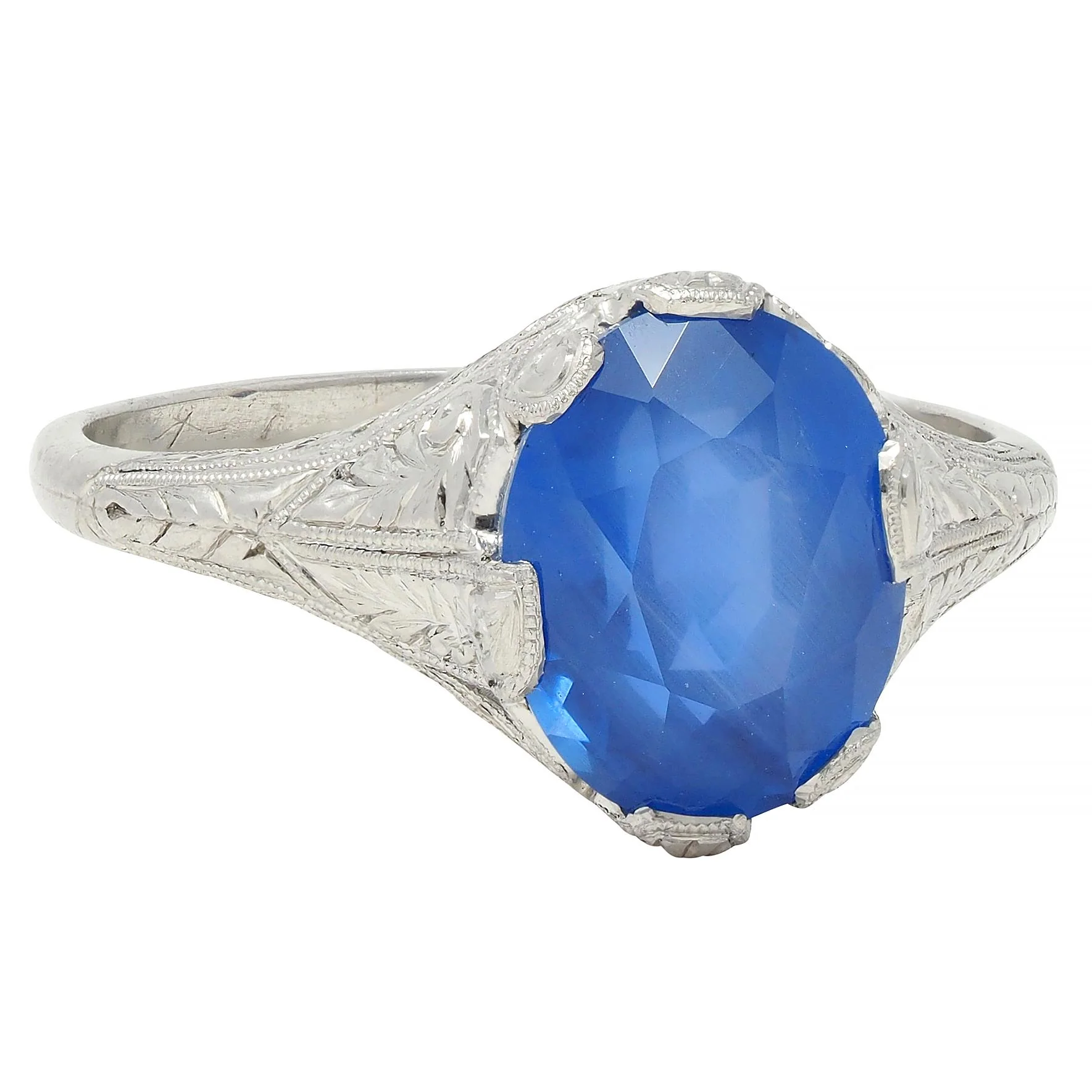 Art Deco 4.43 CTW No Heat Ceylon Sapphire Platinum Foliate Vintage Ring GIA - Image 3