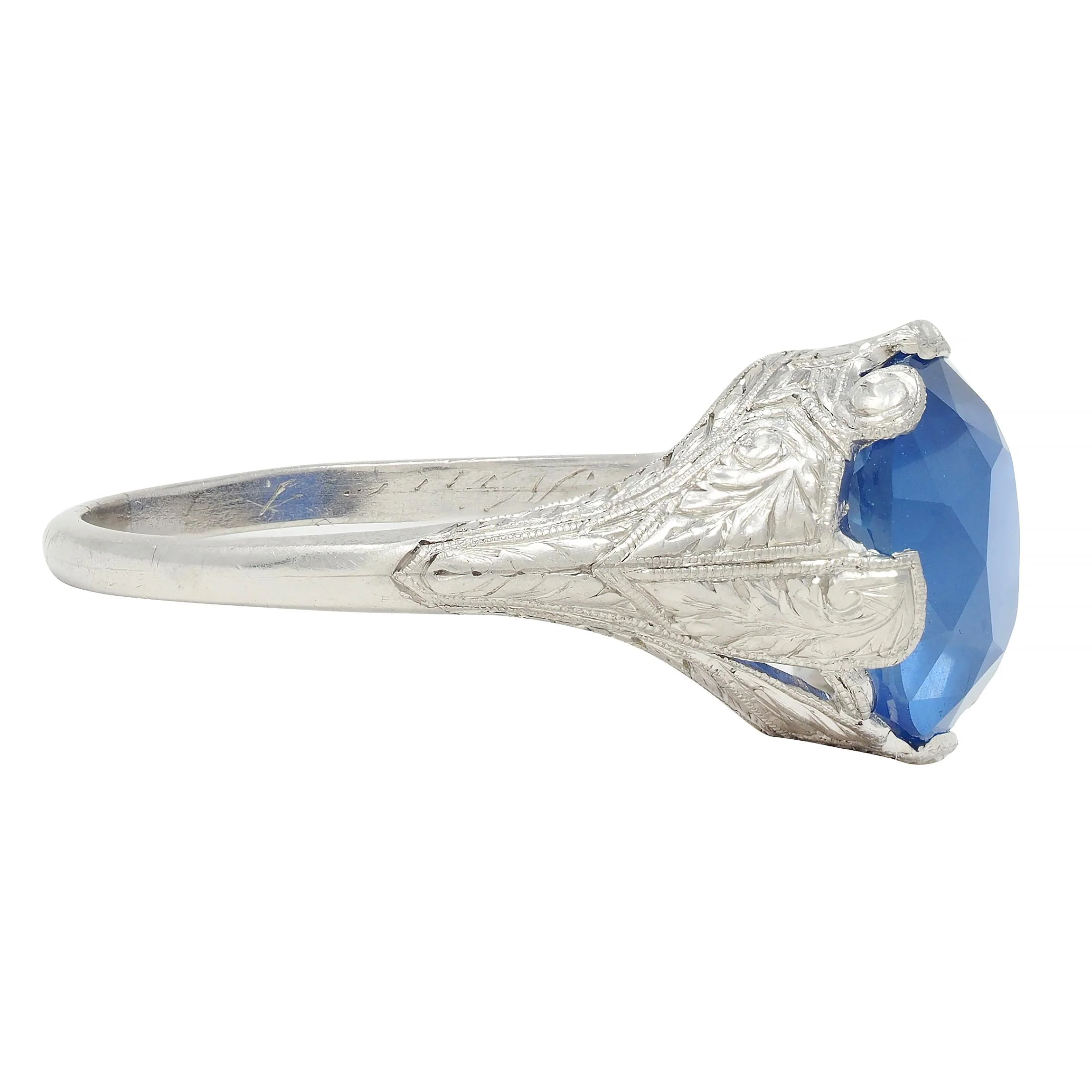 Art Deco 4.43 CTW No Heat Ceylon Sapphire Platinum Foliate Vintage Ring GIA - Image 4