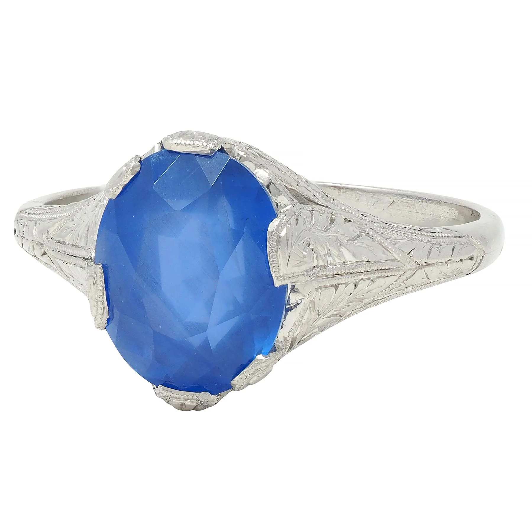 Art Deco 4.43 CTW No Heat Ceylon Sapphire Platinum Foliate Vintage Ring GIA - Image 7