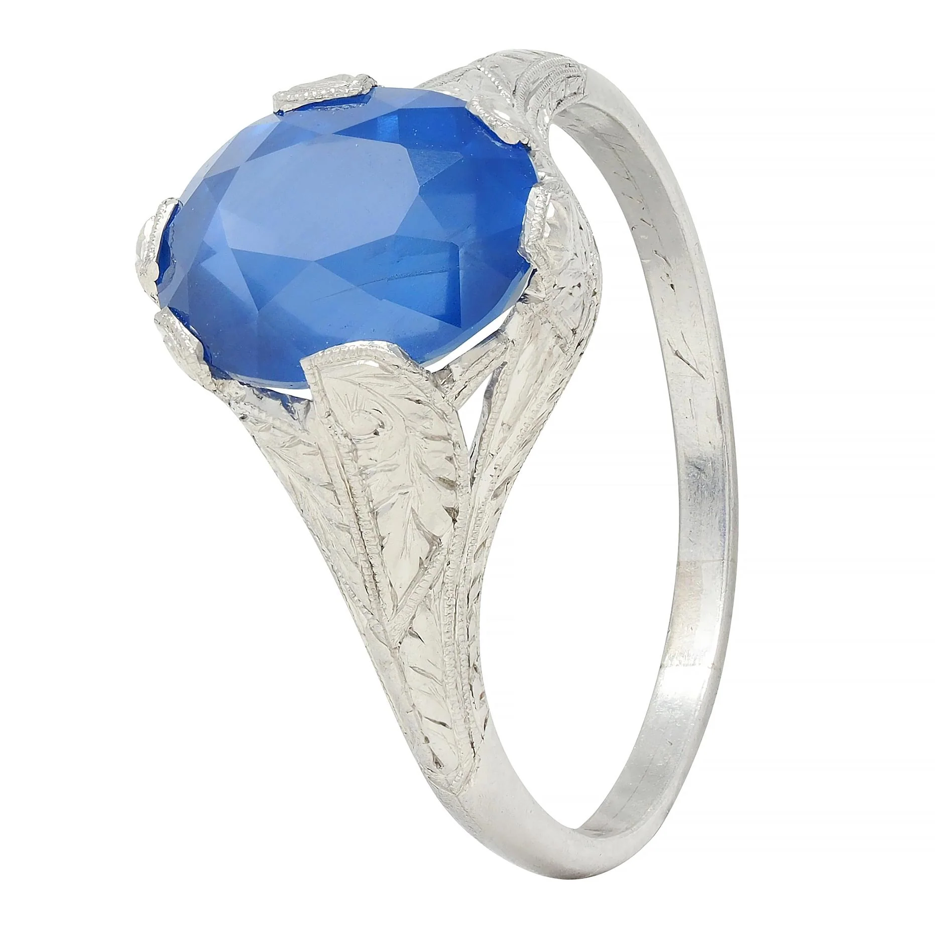Art Deco 4.43 CTW No Heat Ceylon Sapphire Platinum Foliate Vintage Ring GIA - Image 8