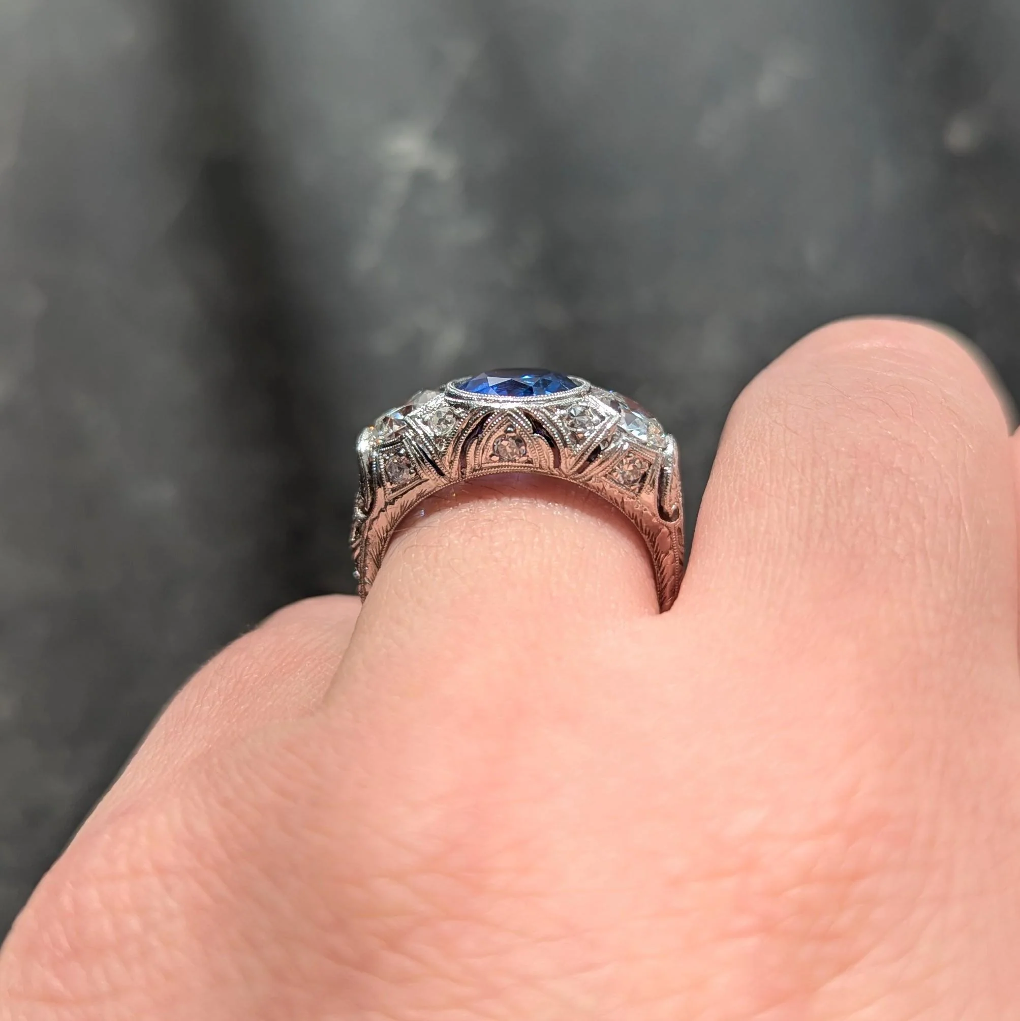 Art Deco 4.90 CTW No Heat Ceylon Sapphire Diamond Platinum Antique Three Stone Lotus Ring AGL - Image 13