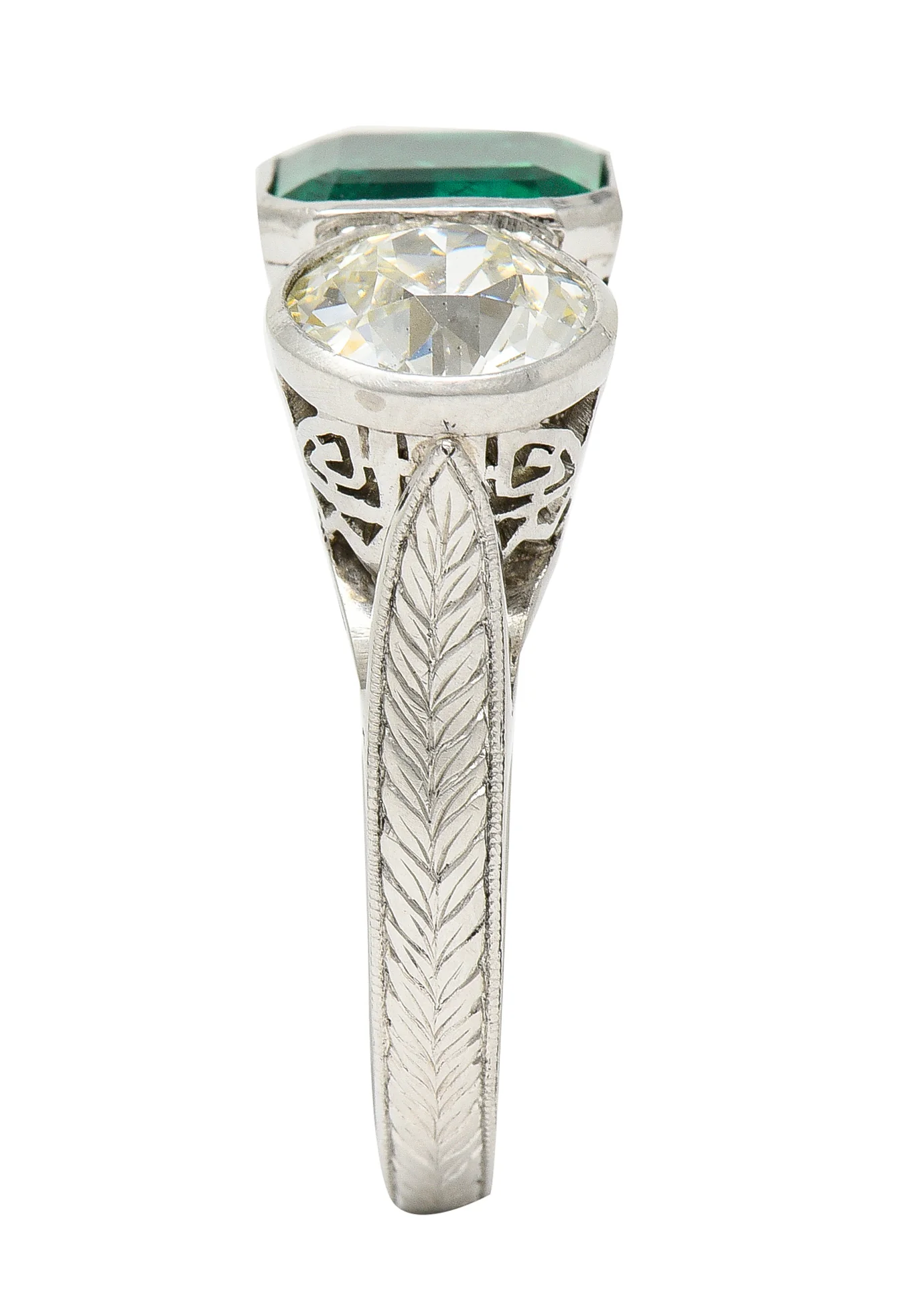 Art Deco 5.02 CTW Colombian Emerald Old European Cut Diamond Platinum Greek Key Three Stone Ring AGL - Image 10