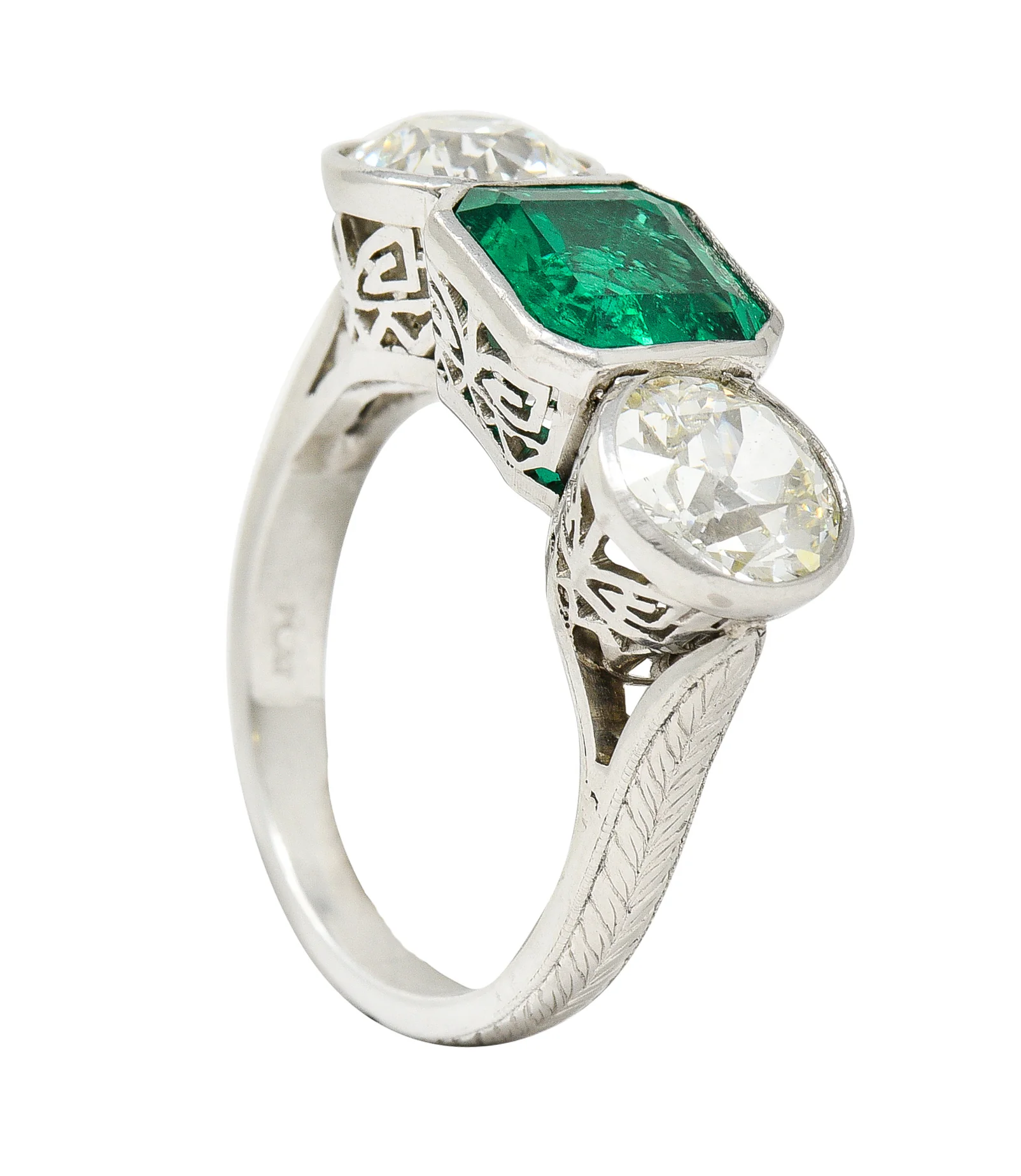 Art Deco 5.02 CTW Colombian Emerald Old European Cut Diamond Platinum Greek Key Three Stone Ring AGL - Image 11
