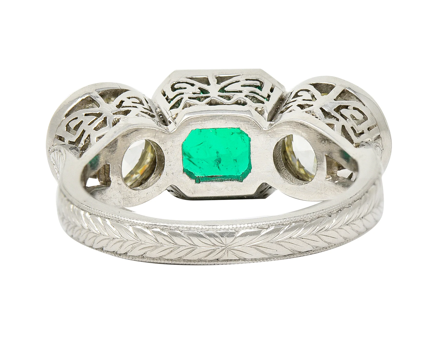 Art Deco 5.02 CTW Colombian Emerald Old European Cut Diamond Platinum Greek Key Three Stone Ring AGL - Image 5