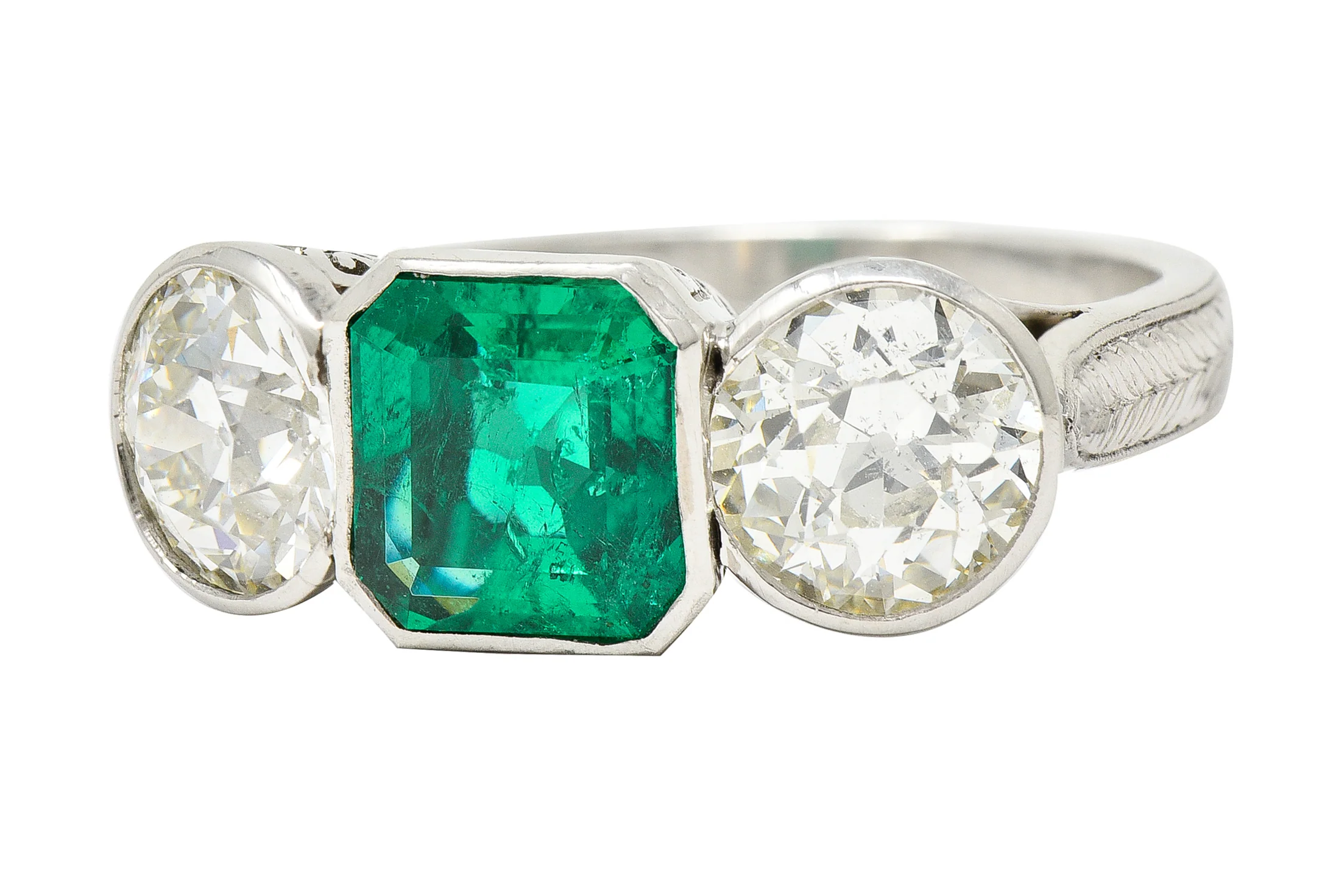 Art Deco 5.02 CTW Colombian Emerald Old European Cut Diamond Platinum Greek Key Three Stone Ring AGL - Image 7