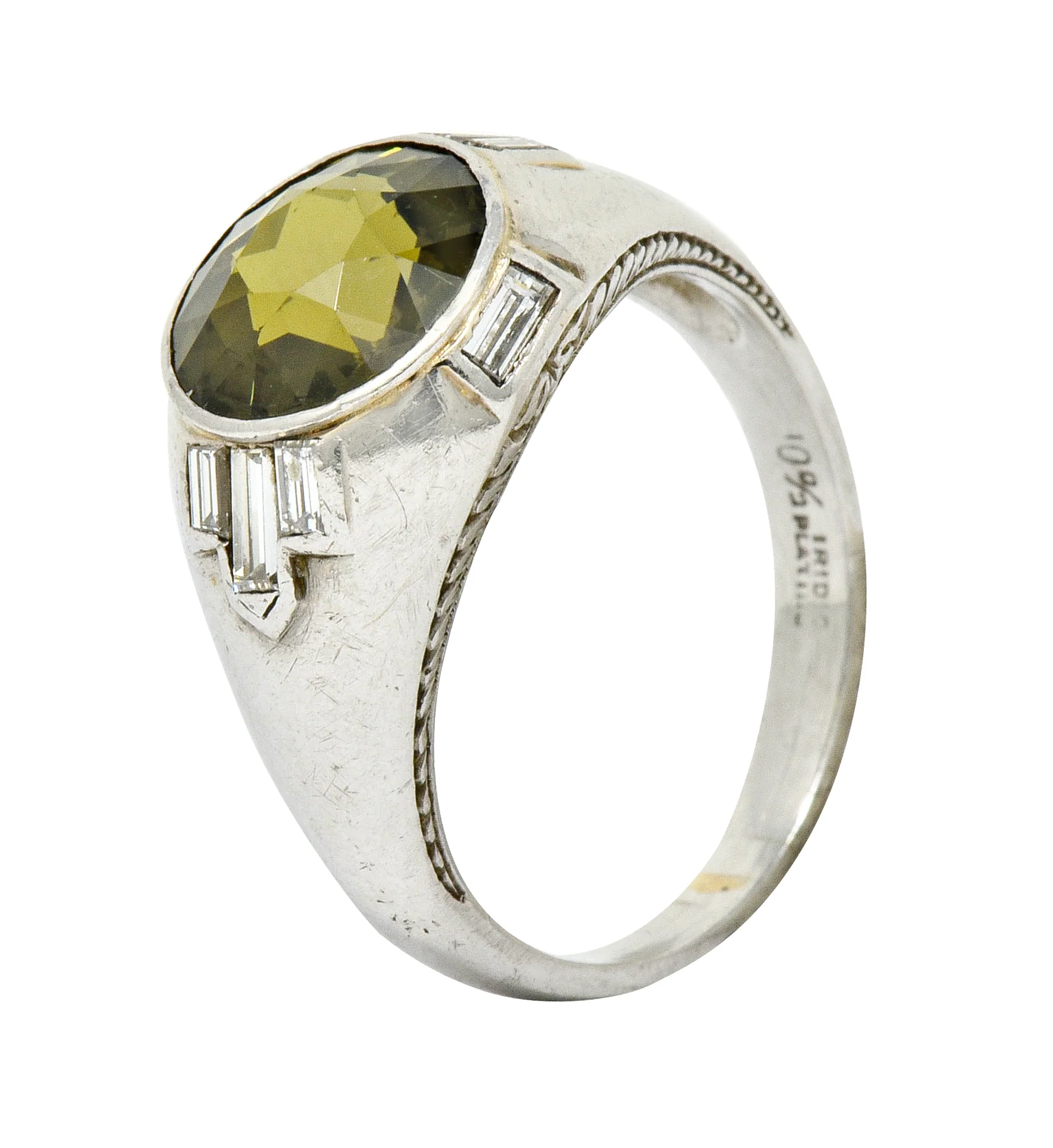 Art Deco 5.25 CTW No Heat Green Sapphire Diamond Platinum Men's Ring GIA - Image 10