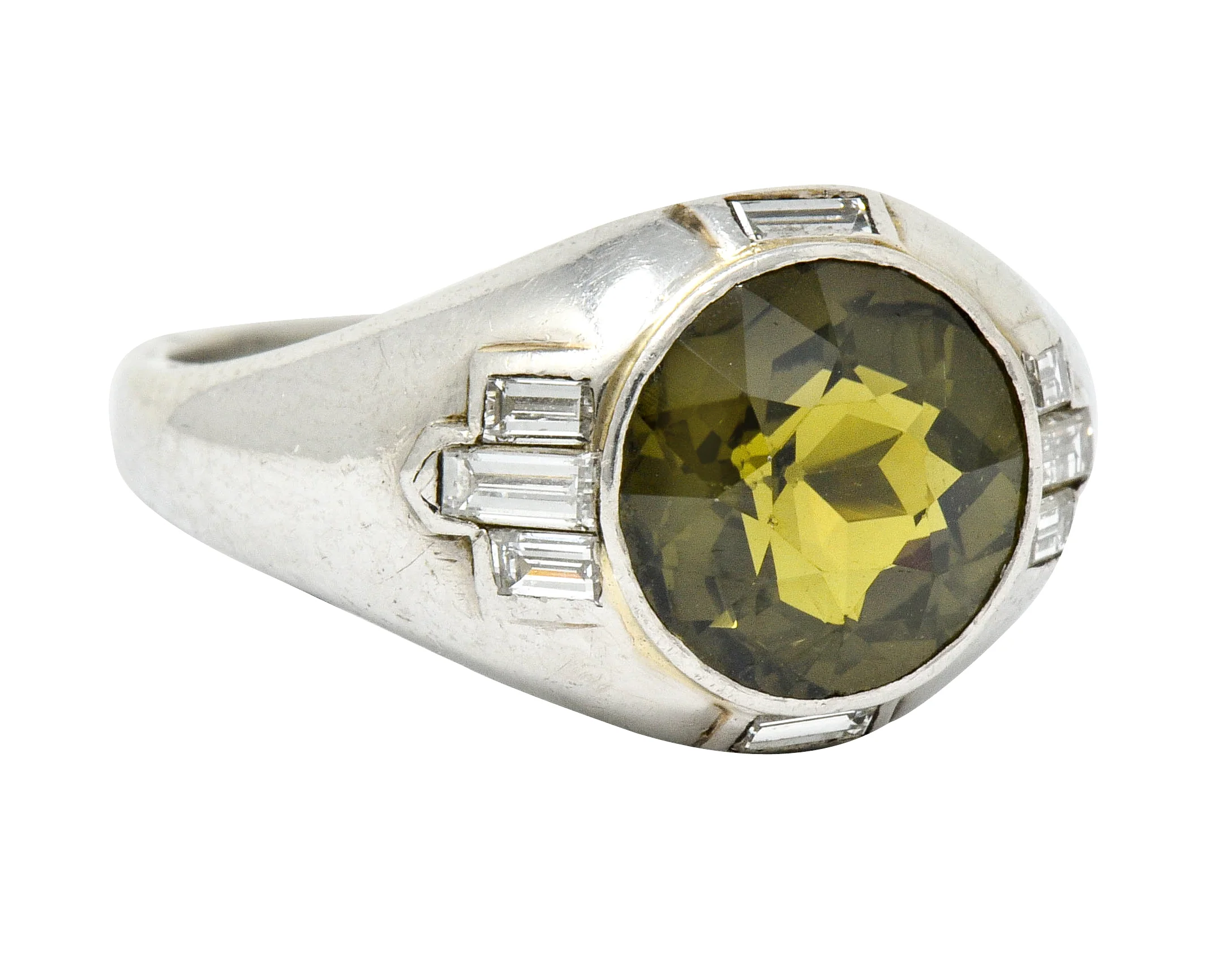 Art Deco 5.25 CTW No Heat Green Sapphire Diamond Platinum Men's Ring GIA - Image 2
