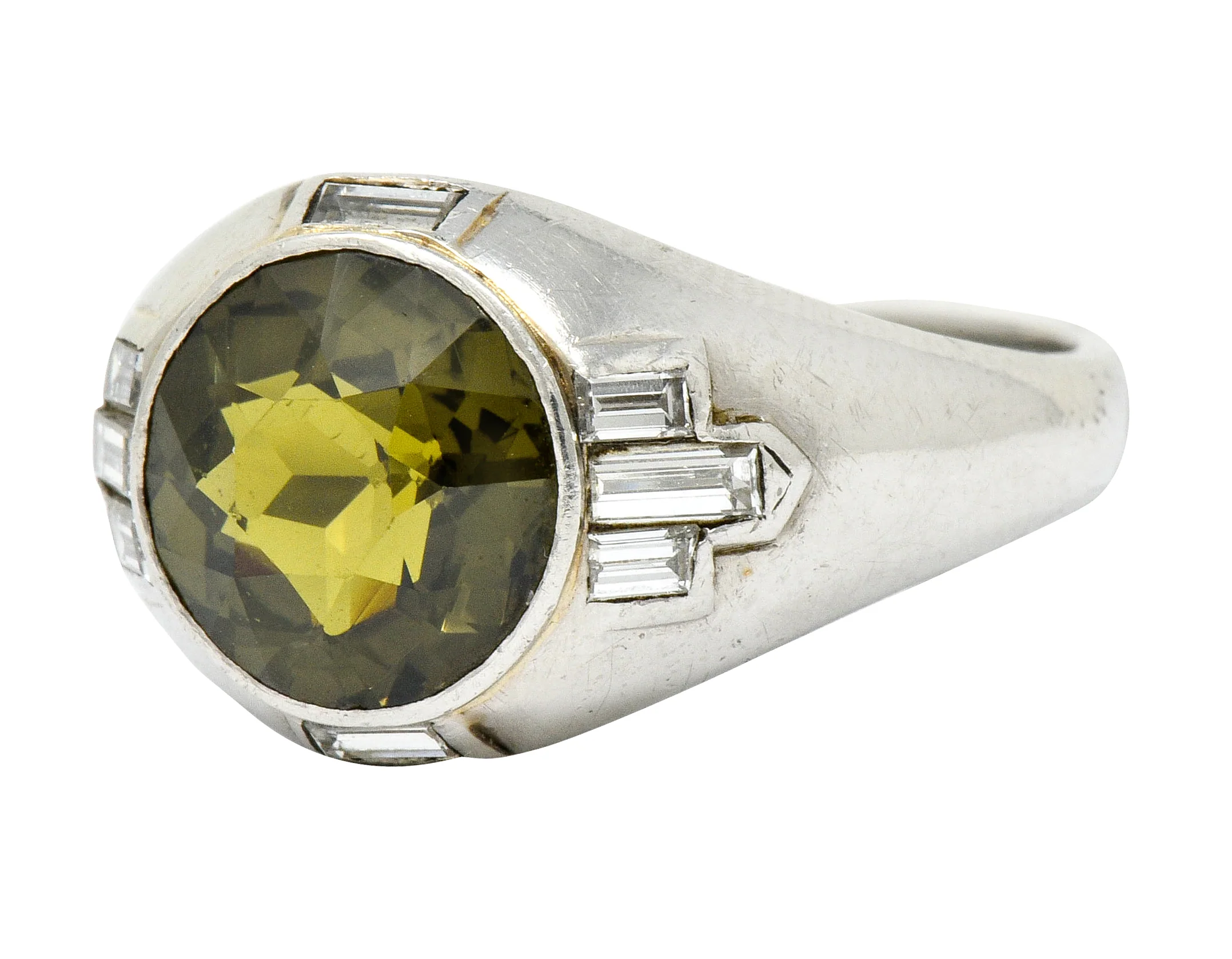 Art Deco 5.25 CTW No Heat Green Sapphire Diamond Platinum Men's Ring GIA - Image 6