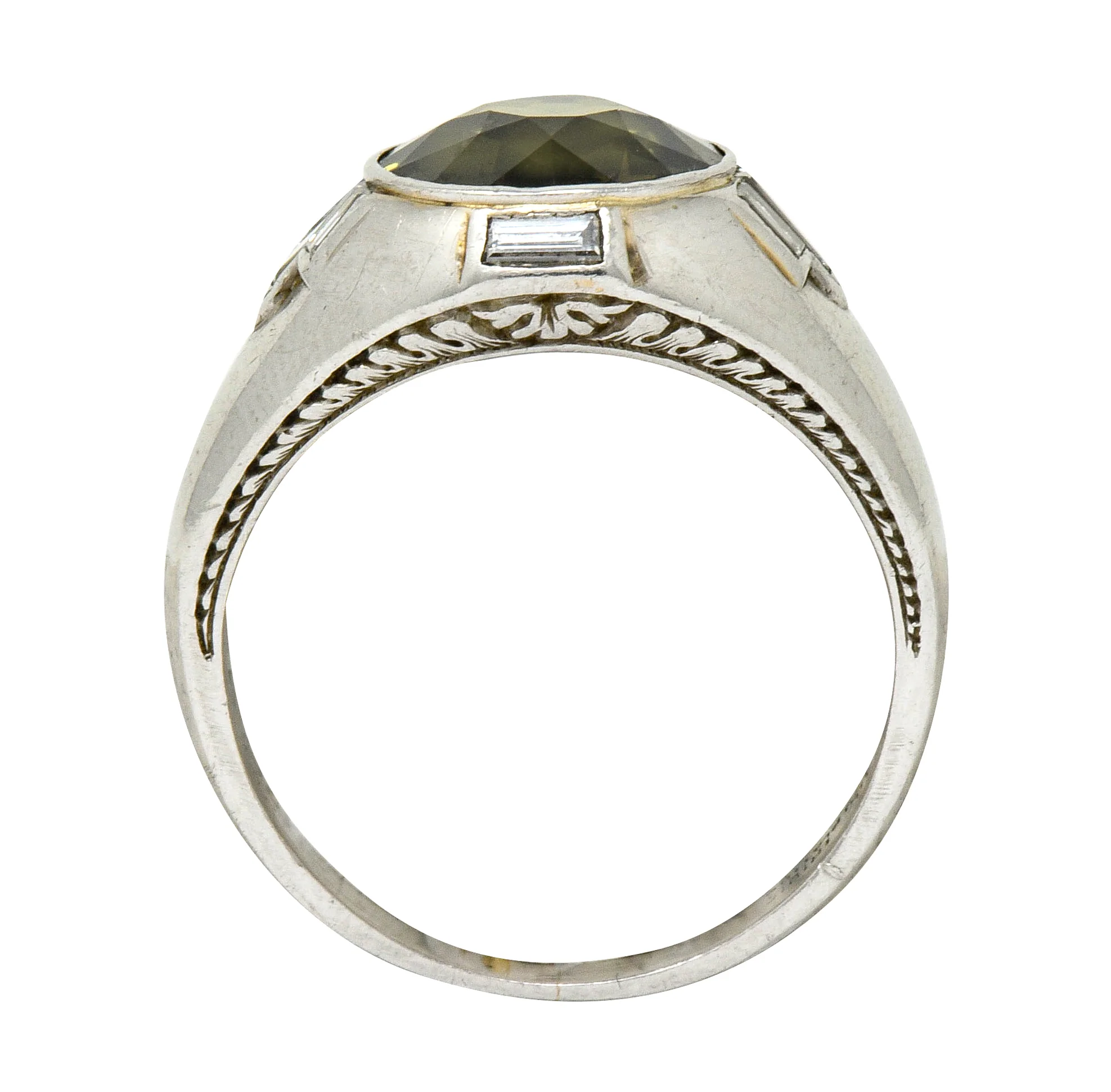 Art Deco 5.25 CTW No Heat Green Sapphire Diamond Platinum Men's Ring GIA - Image 9