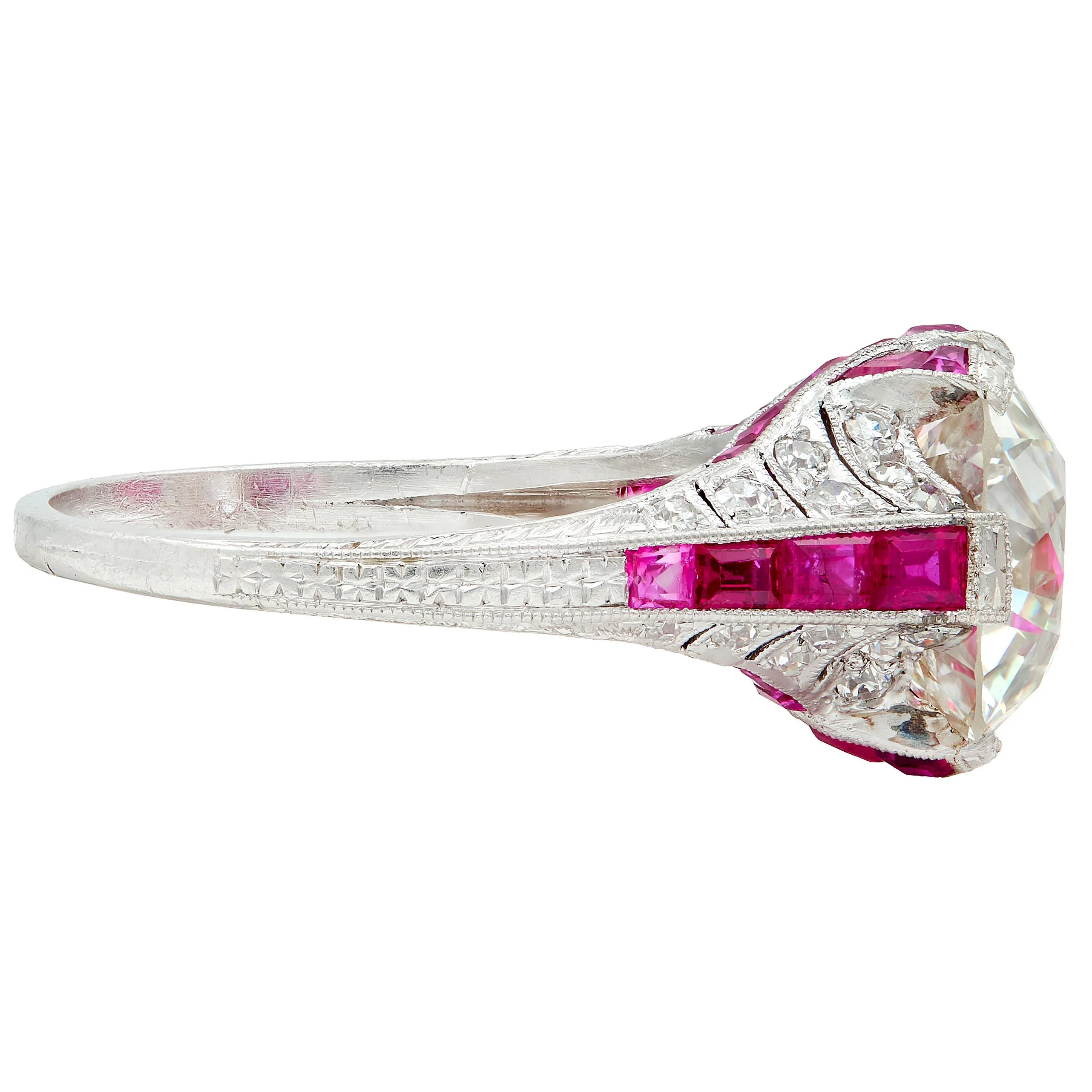 Art Deco 6.43 CTW Old European Diamond Ruby Platinum X Engagement Ring GIA - Image 3