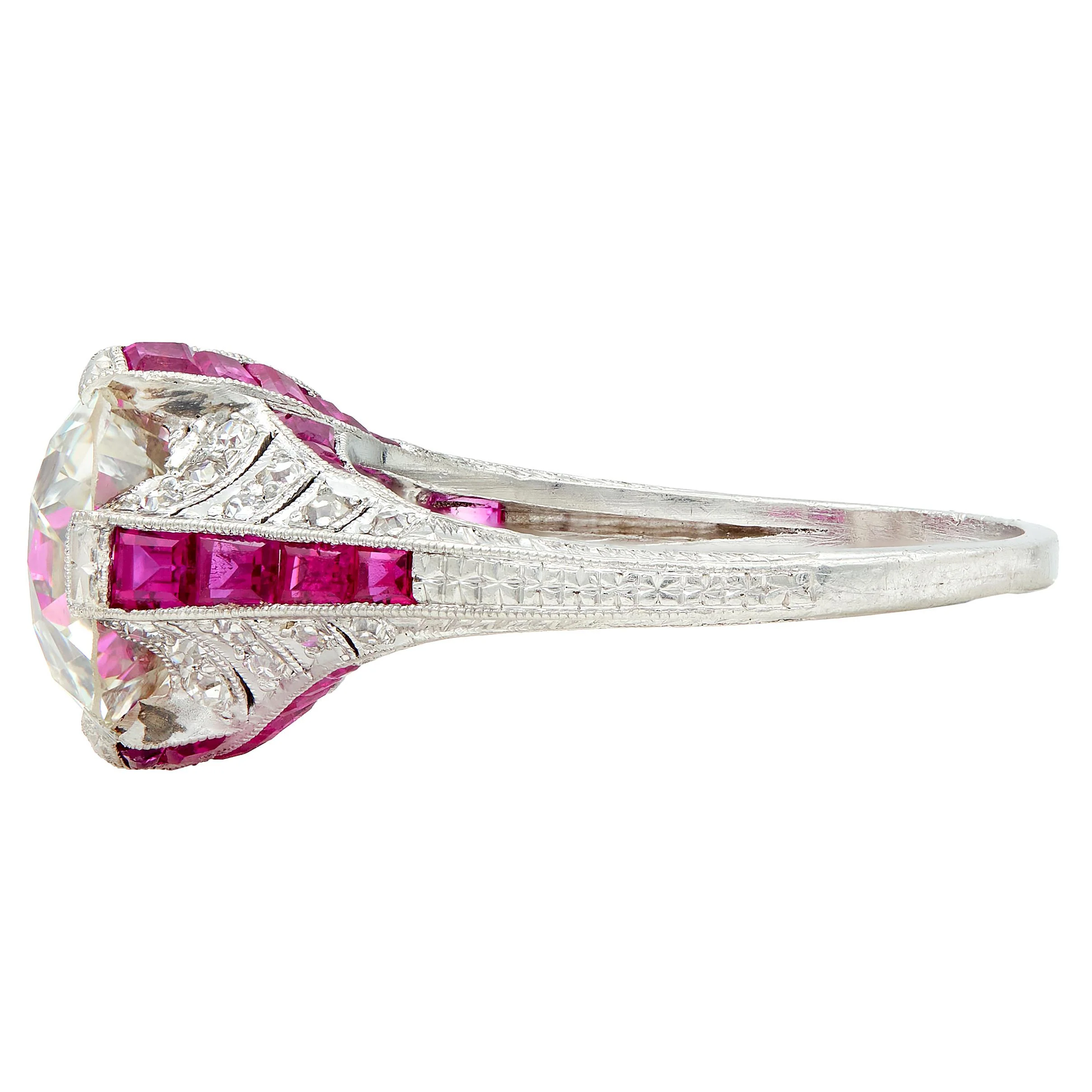 Art Deco 6.43 CTW Old European Diamond Ruby Platinum X Engagement Ring GIA - Image 5